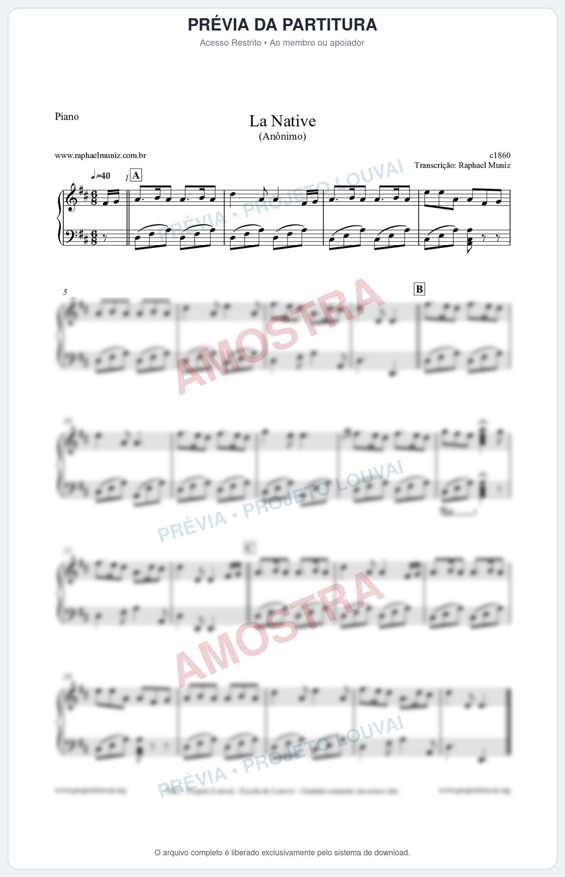 Prévia protegida da primeira página da partitura Partitura para Piano - La Native - Anônimo