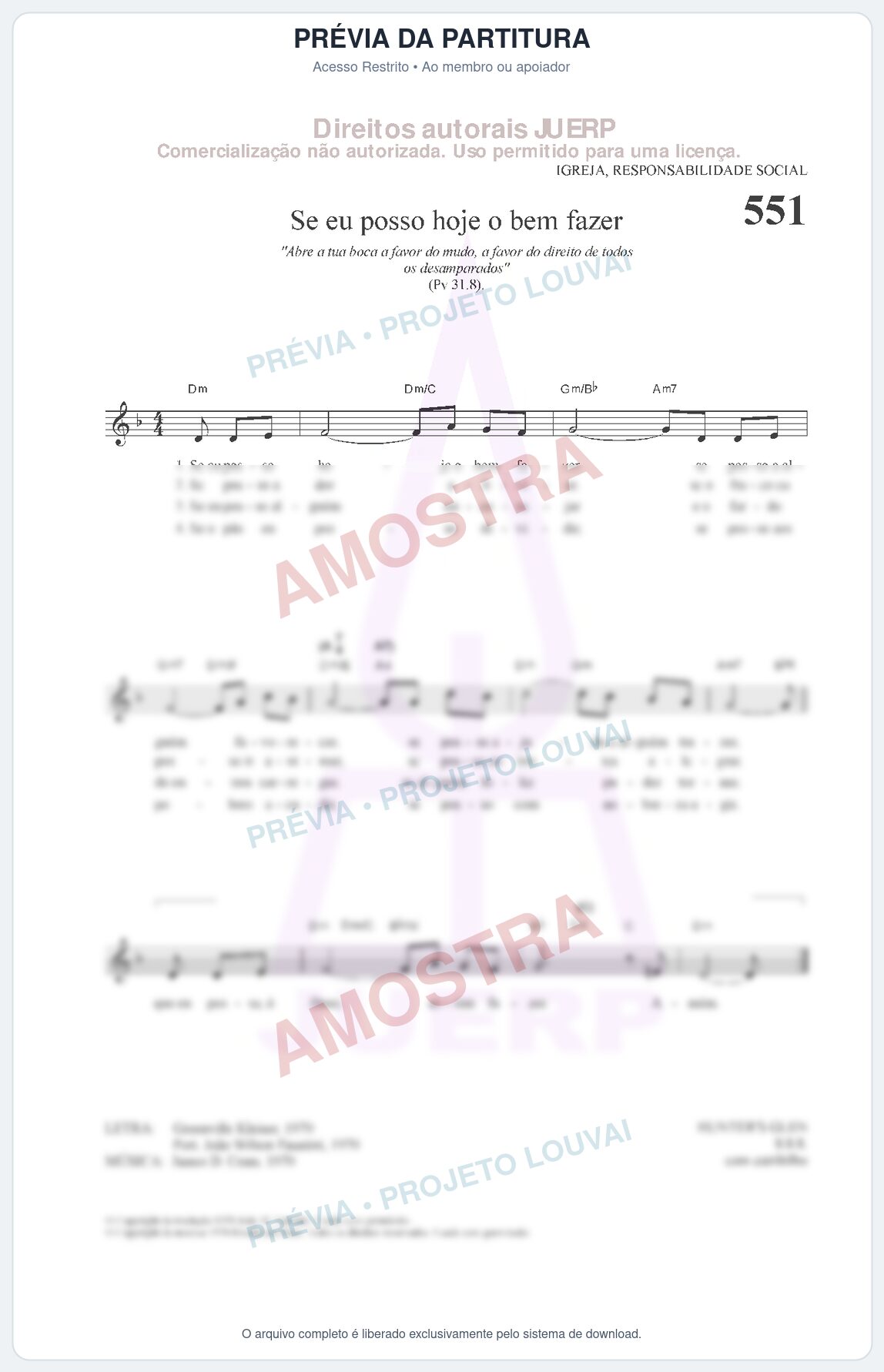 Prévia protegida da primeira página da partitura Partitura da música Se eu posso hoje o bem fazer (HCC 551) - Hinário para o Culto Cristão - Tom Dm