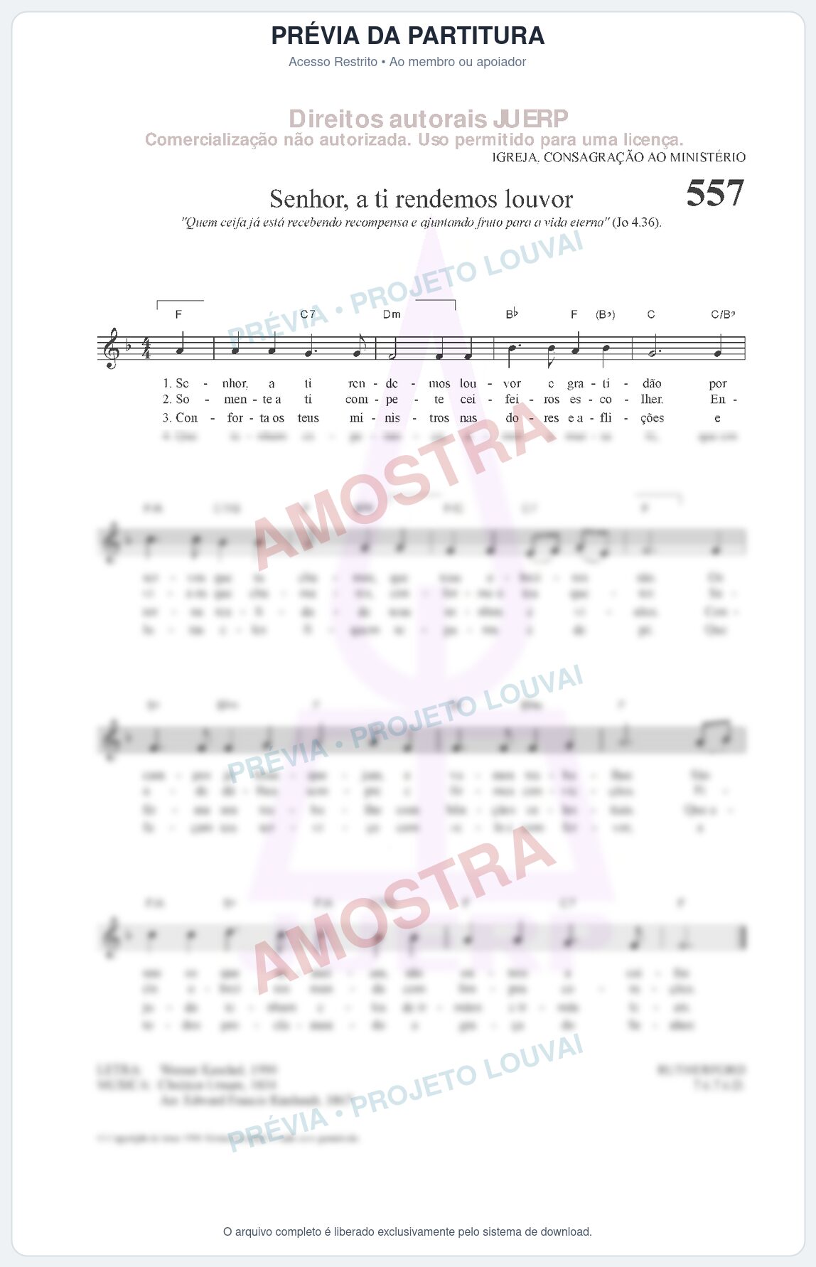 Prévia protegida da primeira página da partitura Partitura da música Senhor, a ti rendemos louvor (HCC 557) - Hinário para o Culto Cristão - Tom F