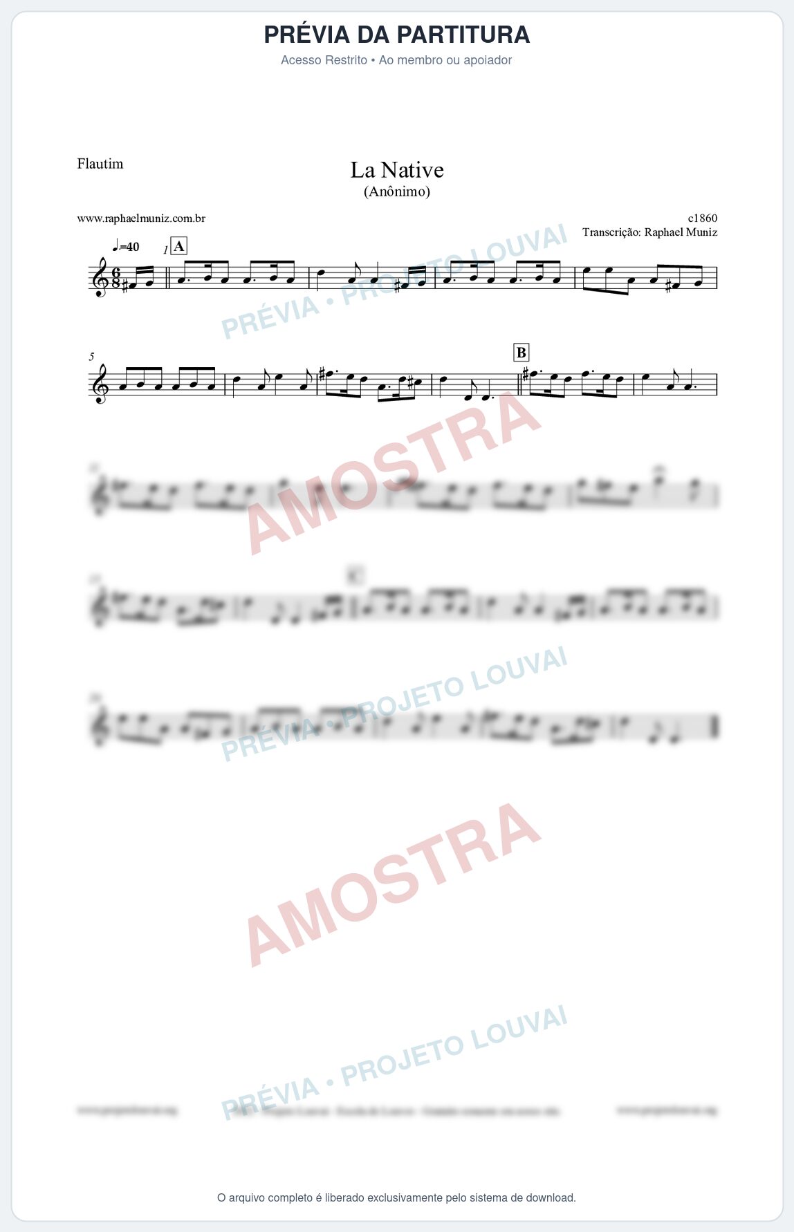 Prévia protegida da primeira página da partitura Partitura para Flautim - La Native - Anônimo