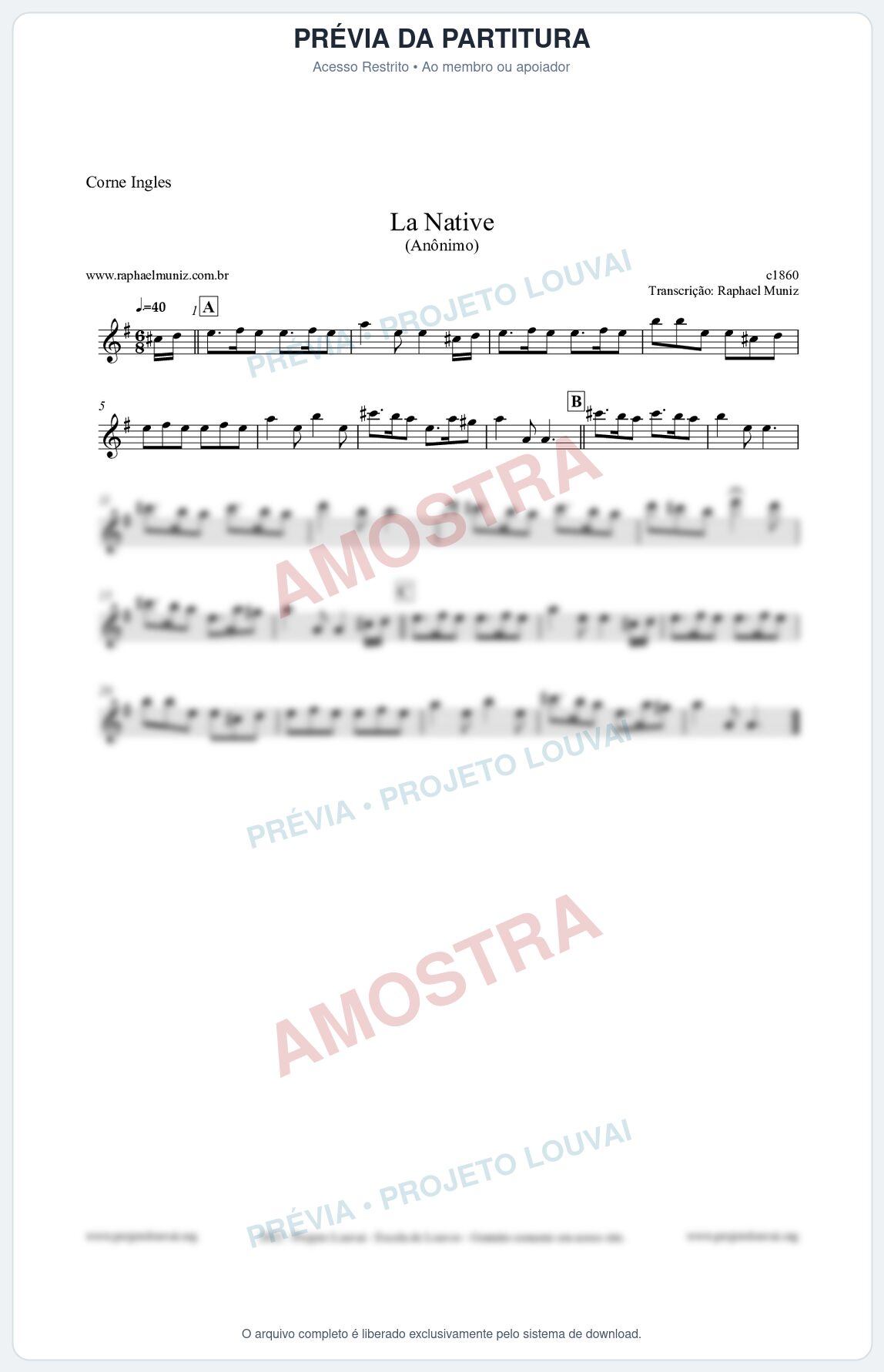 Prévia protegida da primeira página da partitura Partitura para Corne Inglês - La Native - Anônimo