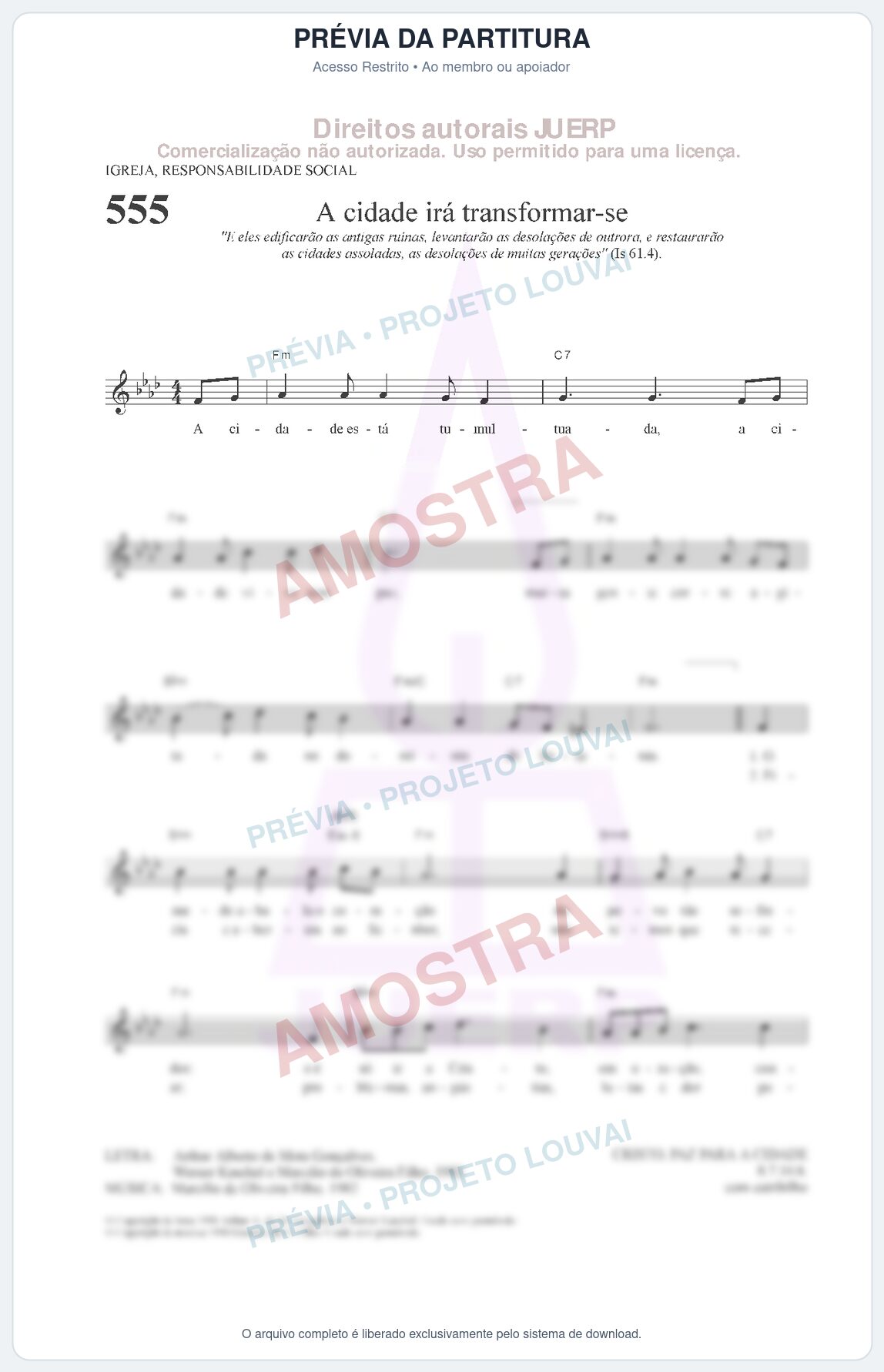 Prévia protegida da primeira página da partitura Partitura da música A cidade irá transformar-se (HCC 555) - Hinário para o Culto Cristão - Tom Fm