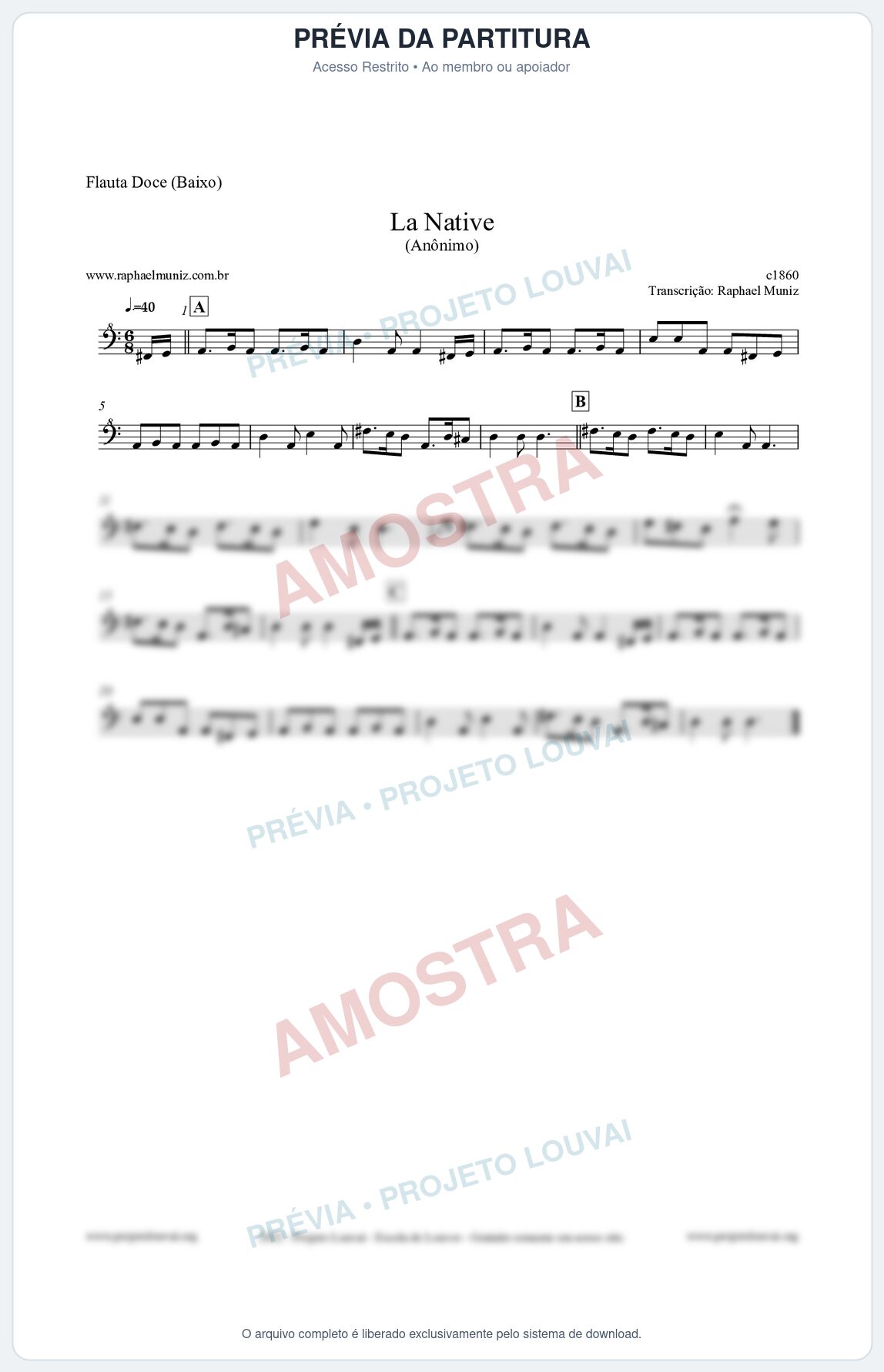 Prévia protegida da primeira página da partitura Partitura para Flauta Doce (Baixo) - La Native - Anônimo
