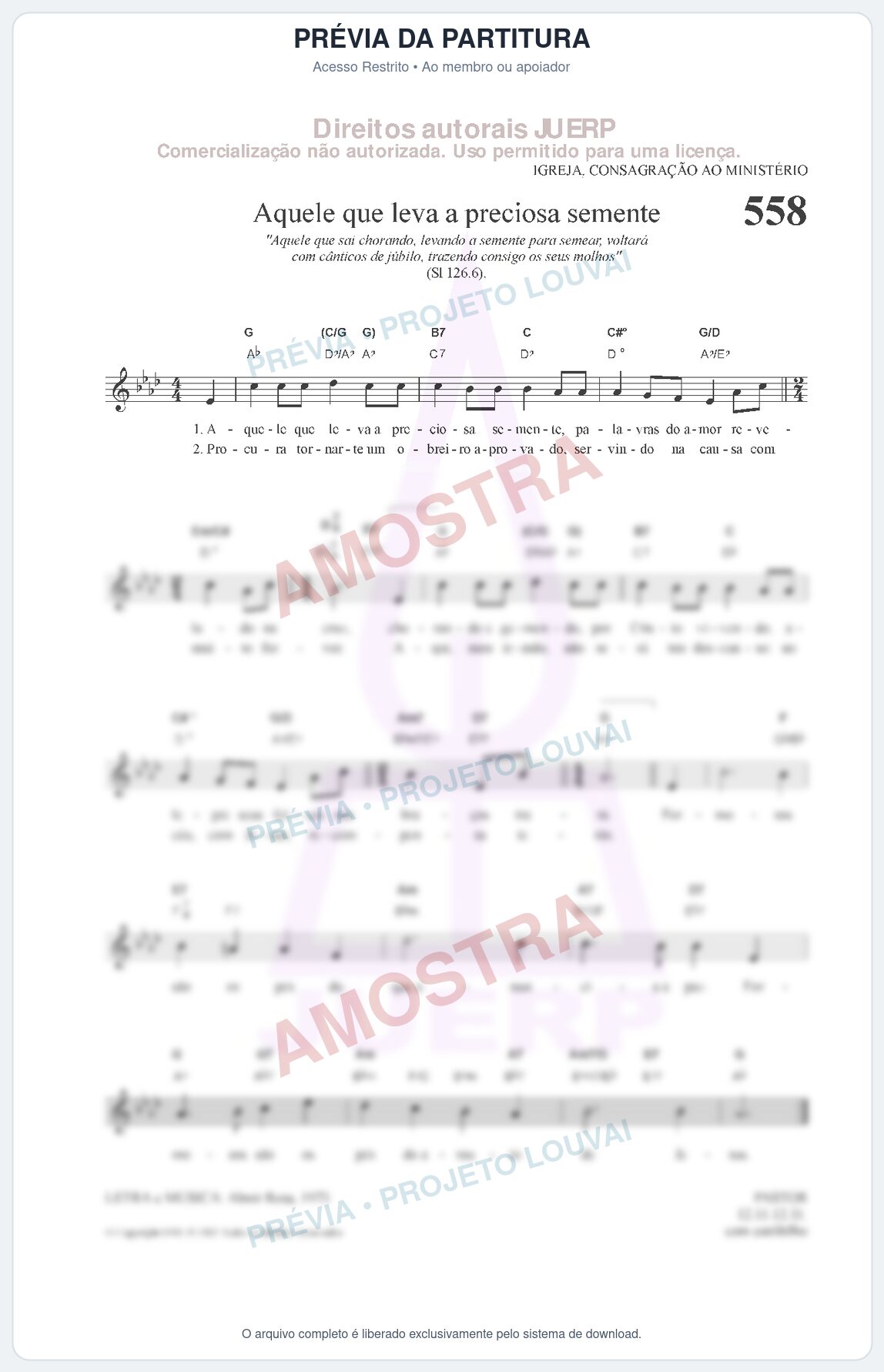 Prévia protegida da primeira página da partitura Partitura da música Aquele que leva a preciosa semente (HCC 558) - Hinário para o Culto Cristão - Tom Ab