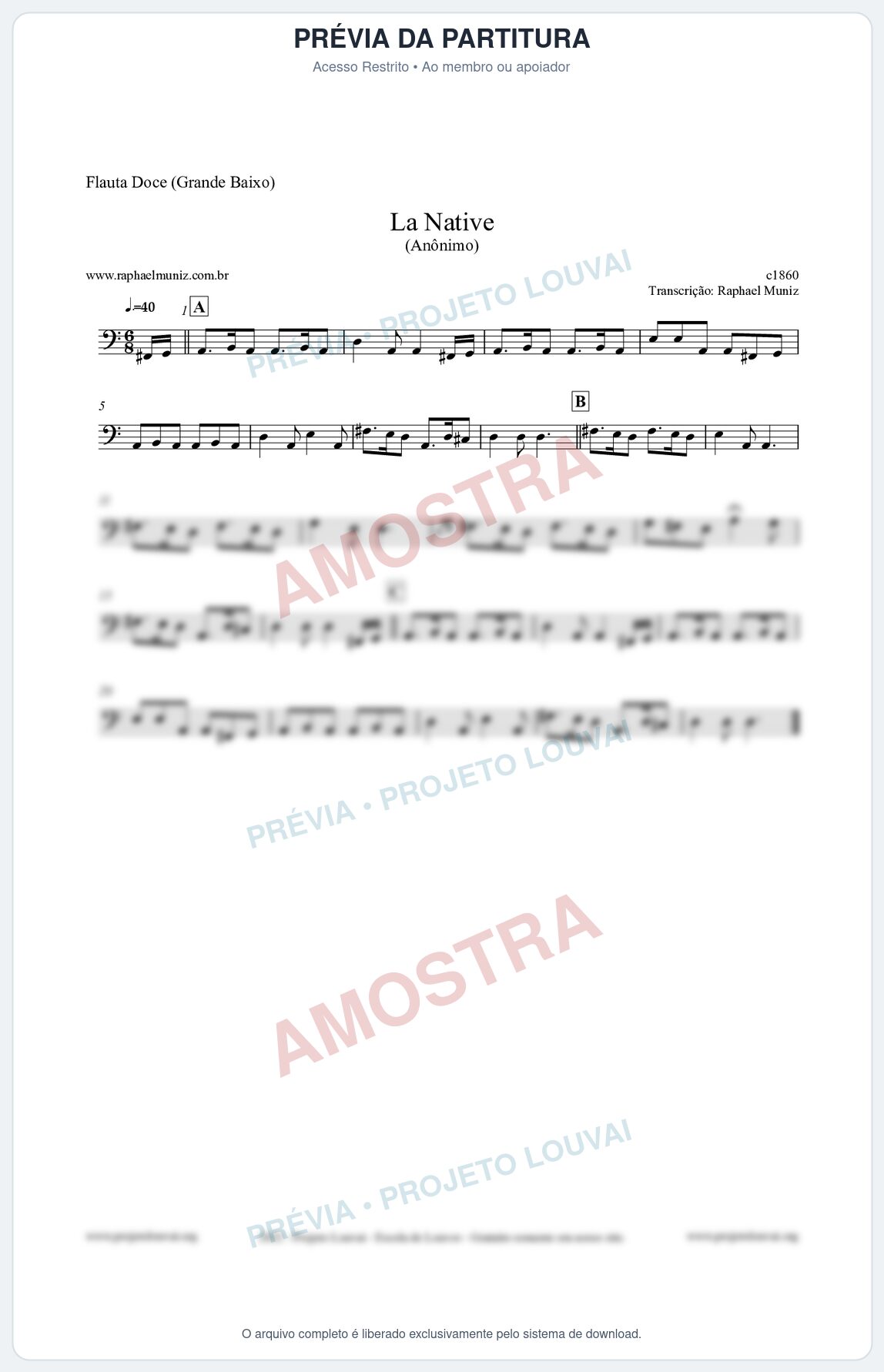 Prévia protegida da primeira página da partitura Partitura para Flauta Doce (Grande Baixo) - La Native - Anônimo