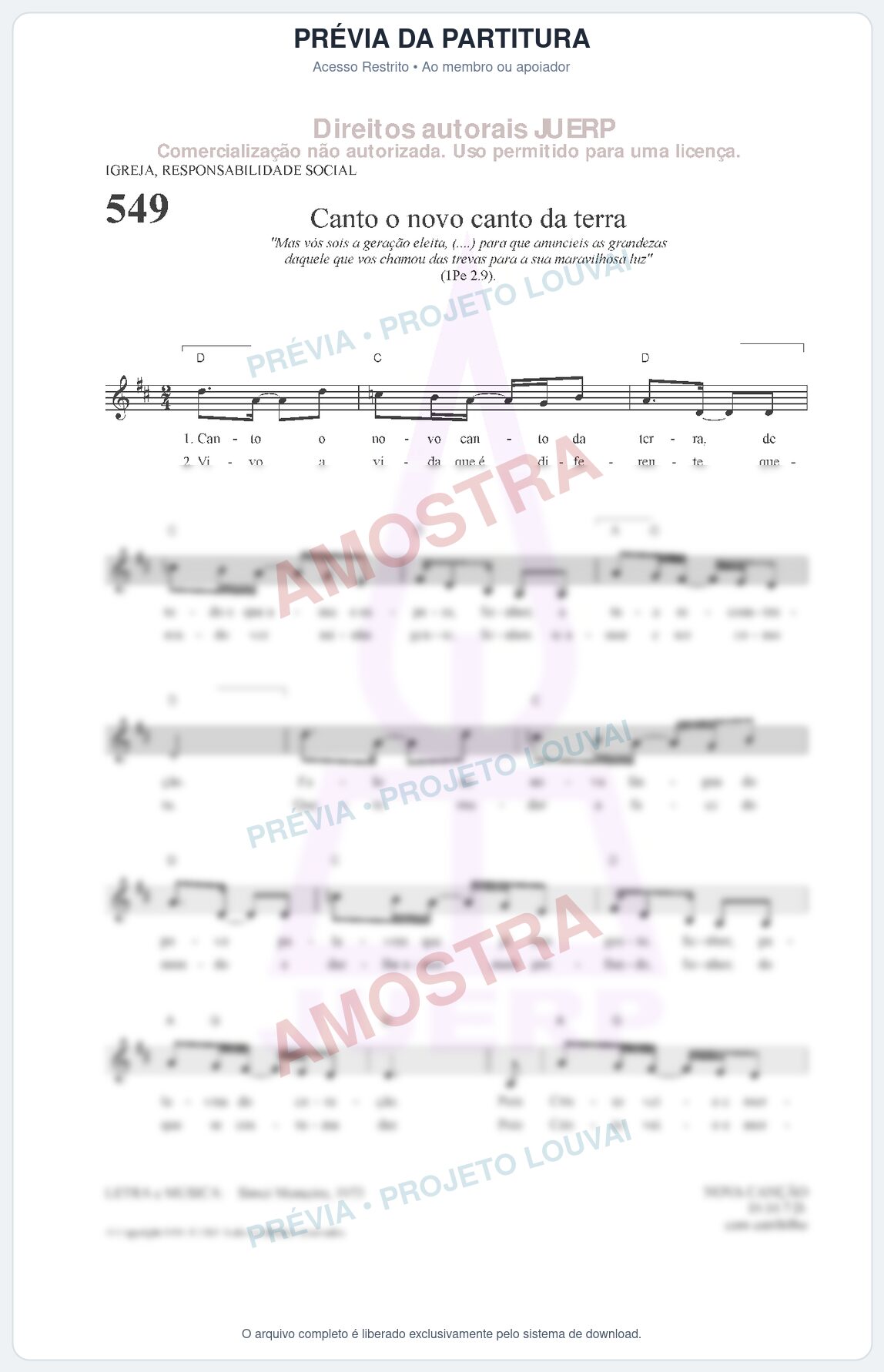 Prévia protegida da primeira página da partitura Partitura da música Canto o novo canto da terra (HCC 549) - Hinário para o Culto Cristão - Tom D