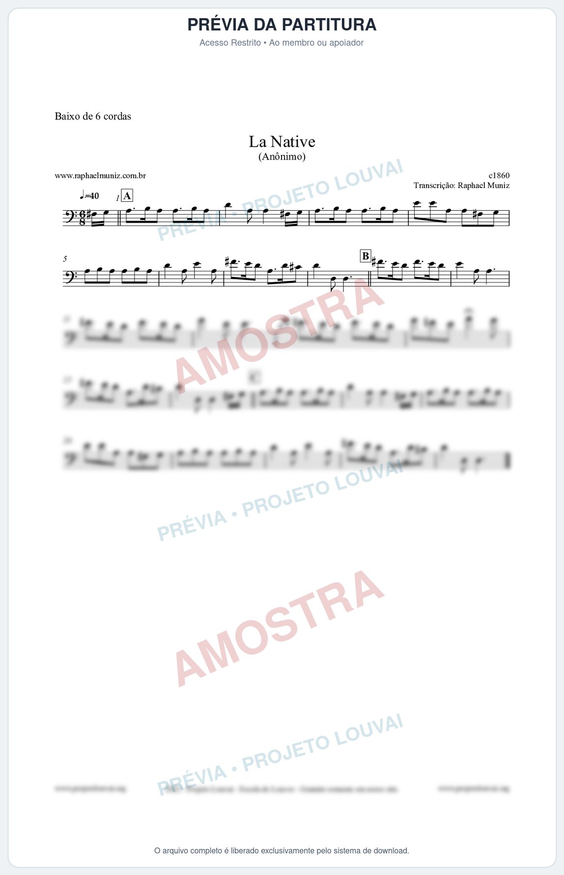 Prévia protegida da primeira página da partitura Partitura para Baixo de 6 cordas - La Native - Anônimo