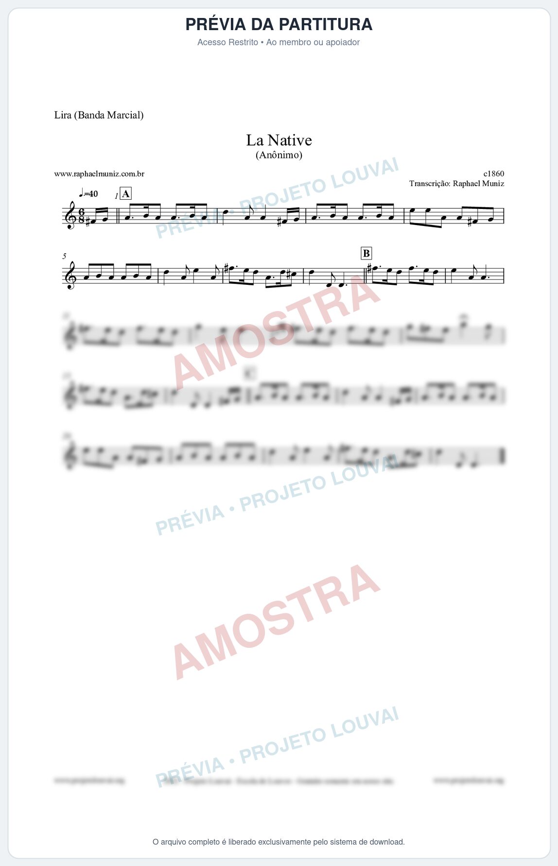 Prévia protegida da primeira página da partitura Partitura para Lira (Banda Marcial) - La Native - Anônimo