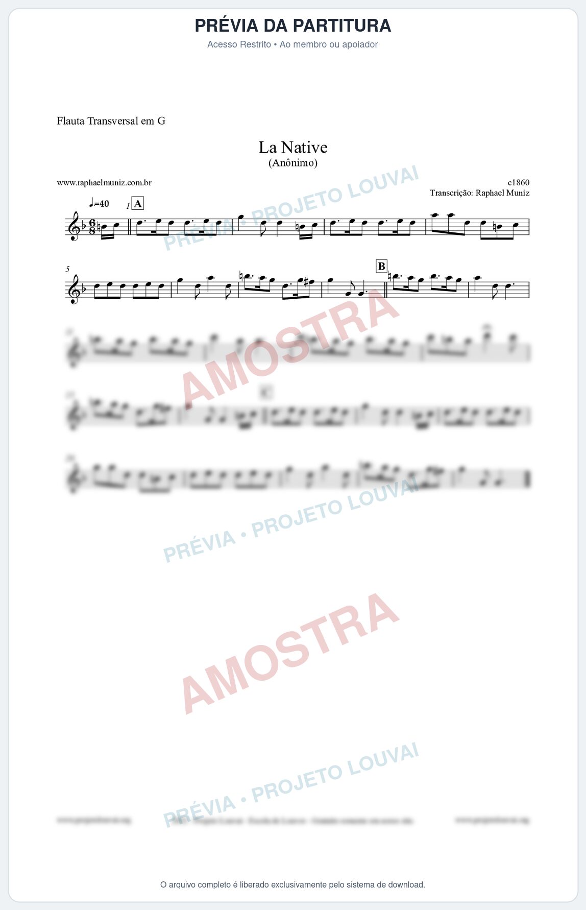 Prévia protegida da primeira página da partitura Partitura para Flauta Transversal em G - La Native - Anônimo
