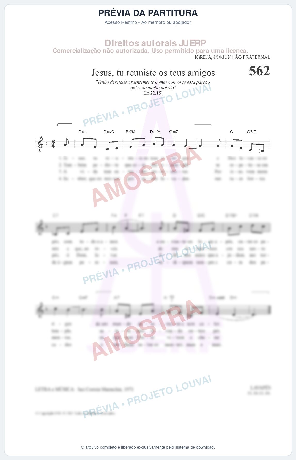 Prévia protegida da primeira página da partitura Partitura da música Jesus, tu reuniste os teus amigos (HCC 562) - Hinário para o Culto Cristão - Tom Dm