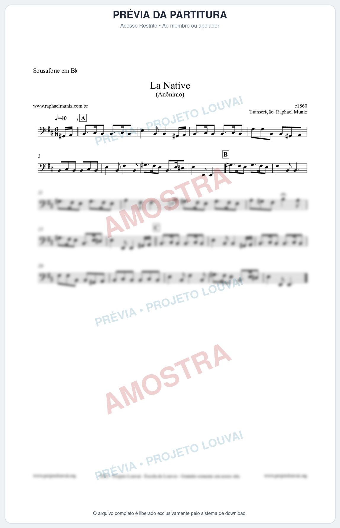 Prévia protegida da primeira página da partitura Partitura para Sousafone em Bb - La Native - Anônimo