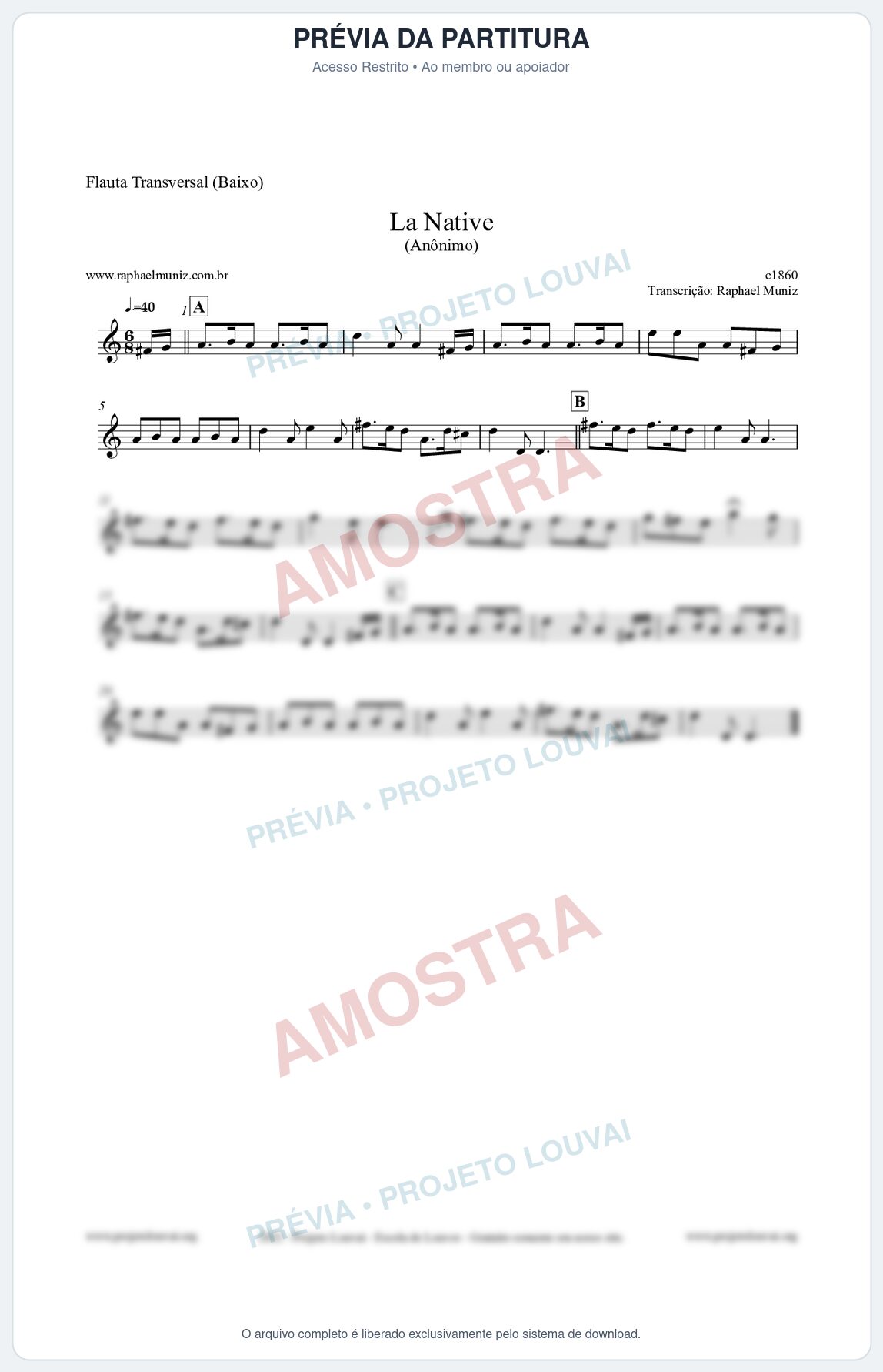 Prévia protegida da primeira página da partitura Partitura para Flauta Transversal (Baixo) - La Native - Anônimo