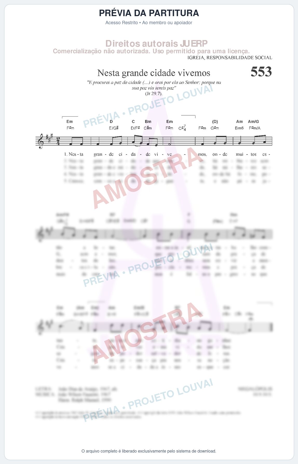 Prévia protegida da primeira página da partitura Partitura da música Nesta grande cidade vivemos (HCC 553) - Hinário para o Culto Cristão - Tom F#m