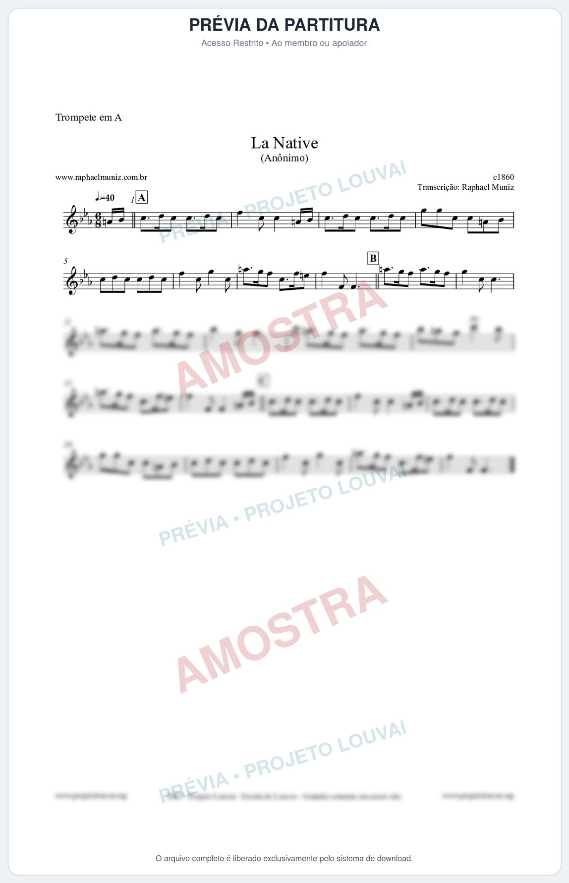 Prévia protegida da primeira página da partitura Partitura para Trompete em A - La Native - Anônimo