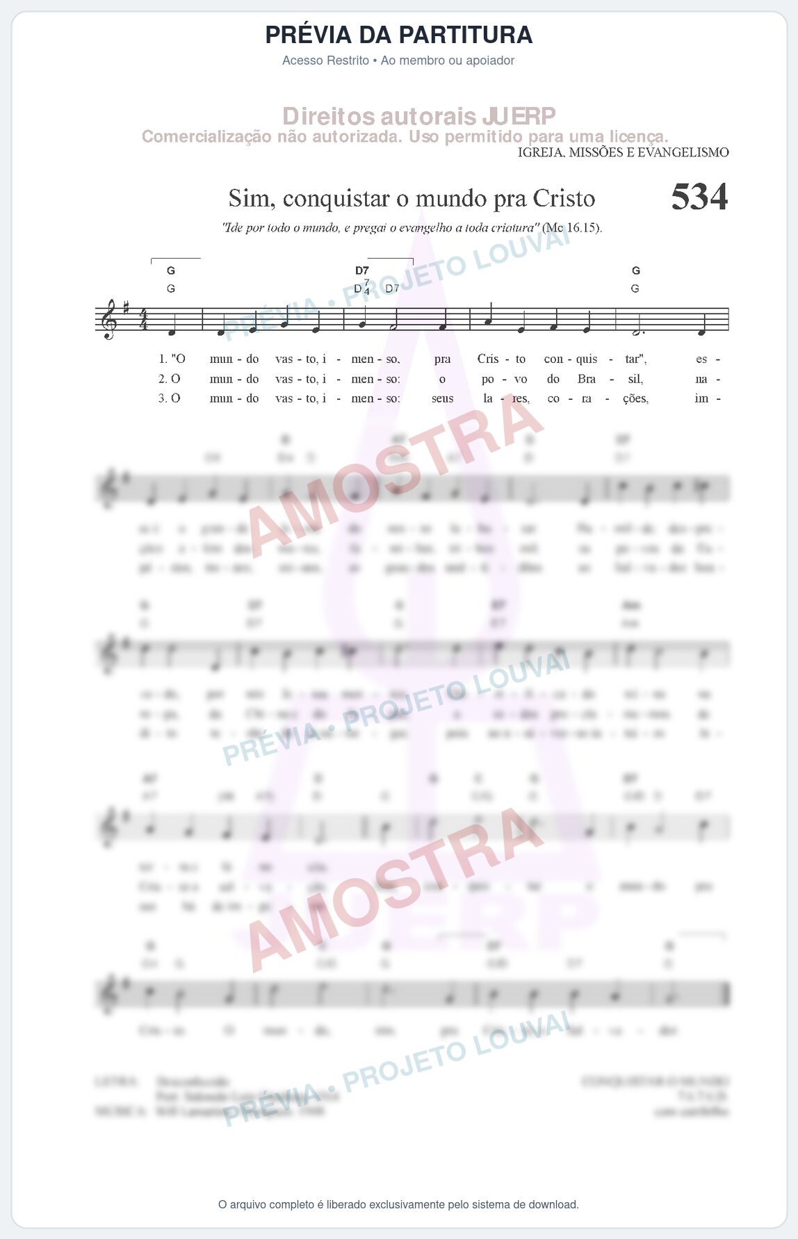 Prévia protegida da primeira página da partitura Partitura da música Sim, conquistar o mundo pra Cristo (HCC 534) - Hinário para o Culto Cristão - Tom G