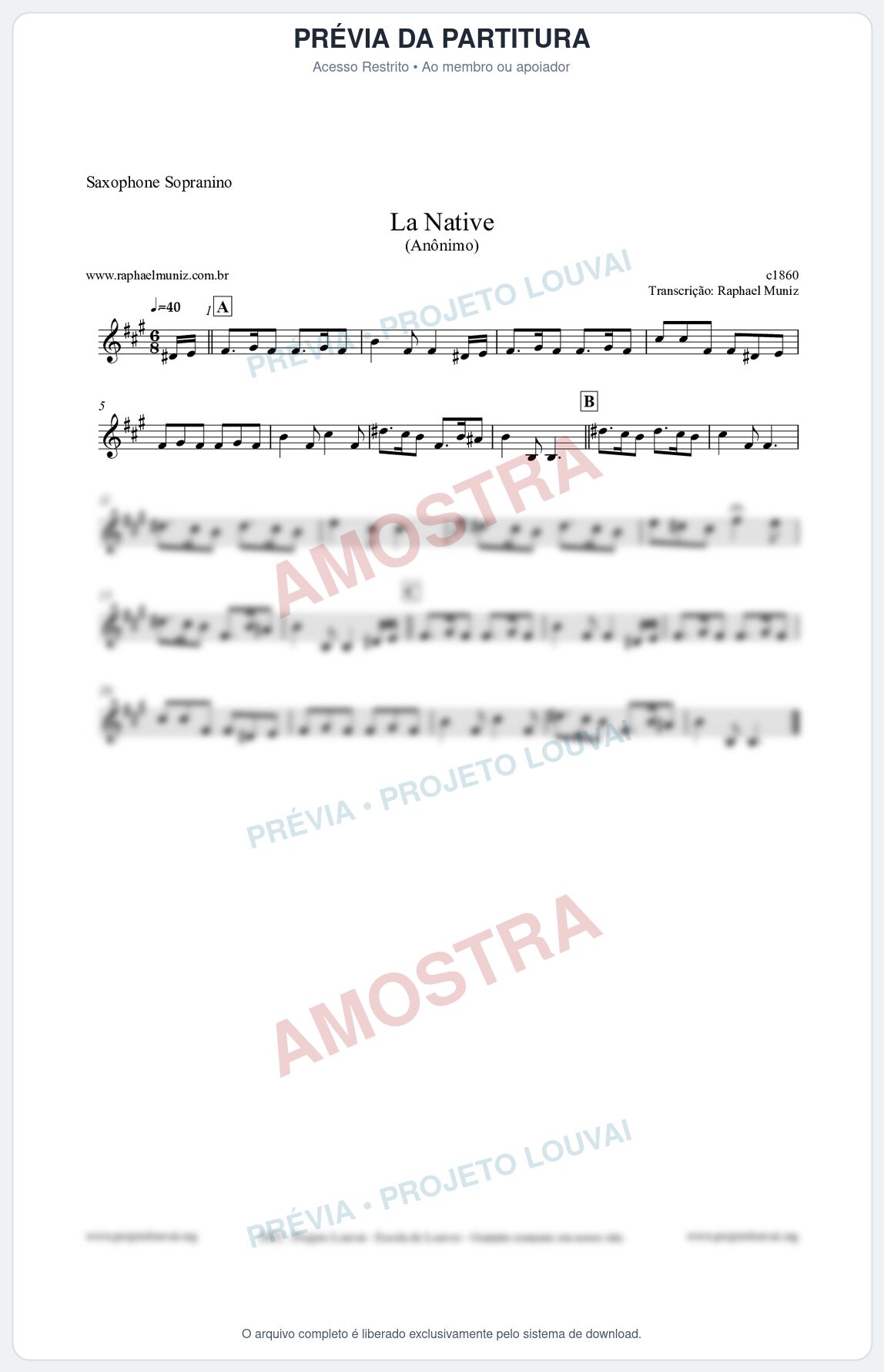 Prévia protegida da primeira página da partitura Partitura para Saxophone Sopranino - La Native - Anônimo
