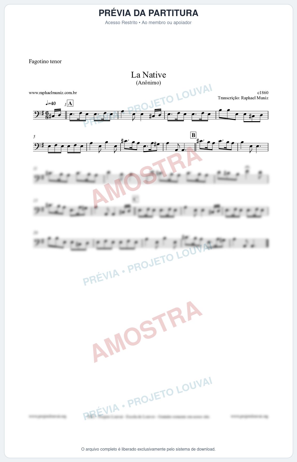 Prévia protegida da primeira página da partitura Partitura para Fagotino tenor - La Native - Anônimo