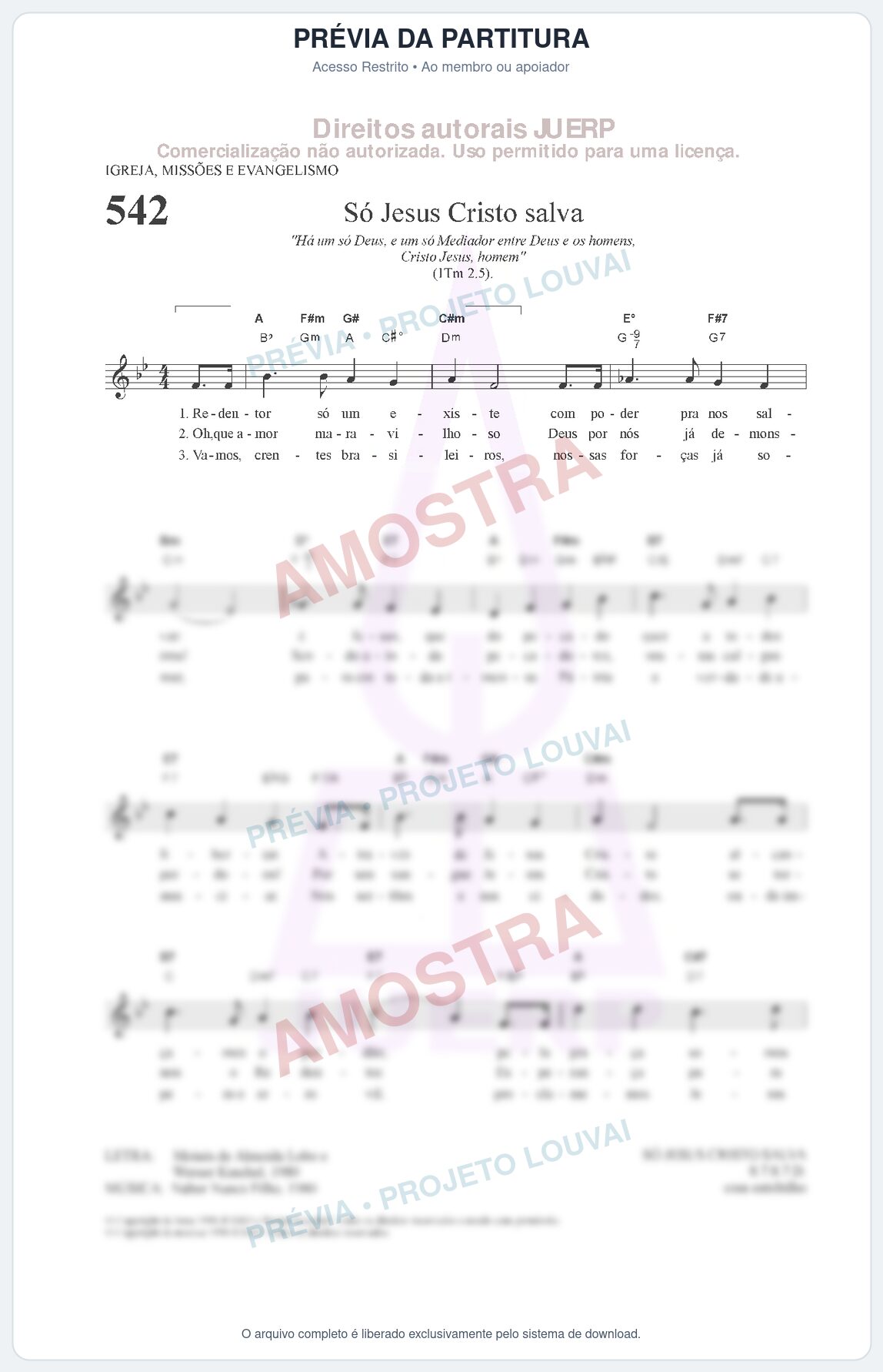 Prévia protegida da primeira página da partitura Partitura da música Só Jesus Cristo salva (HCC 542) - Hinário para o Culto Cristão - Tom Bb