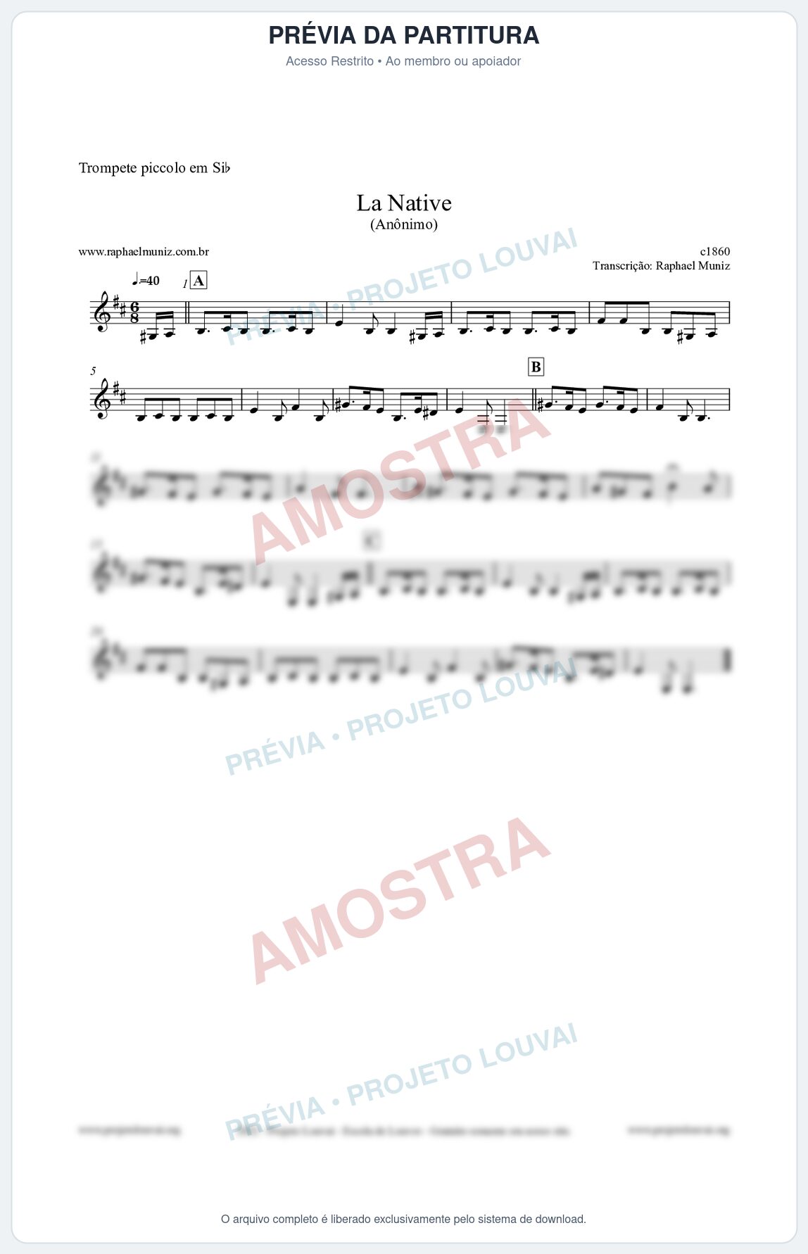 Prévia protegida da primeira página da partitura Partitura para Trompete Piccolo em Sib - La Native - Anônimo
