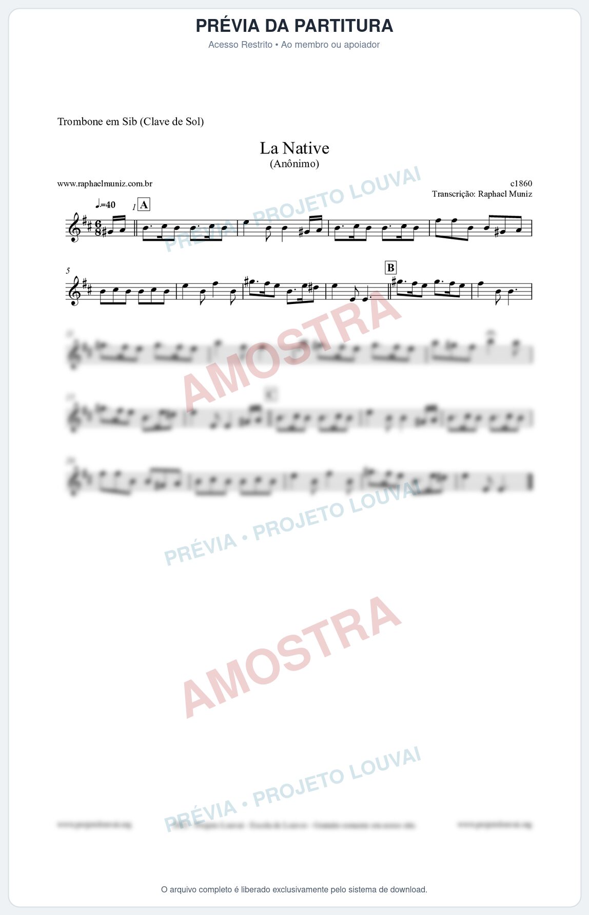 Prévia protegida da primeira página da partitura Partitura para Trombone em Sib (Clave de Sol) - La Native - Anônimo