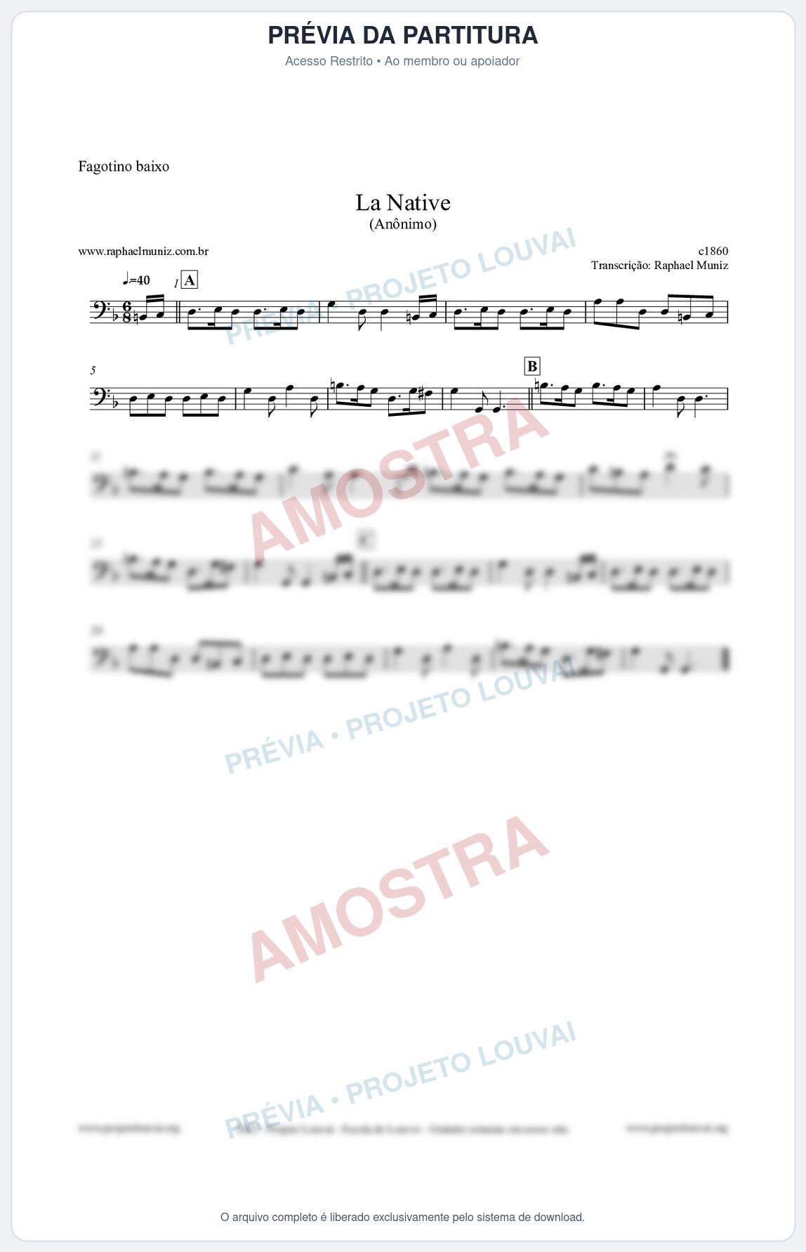 Prévia protegida da primeira página da partitura Partitura para Fagotino baixo - La Native - Anônimo