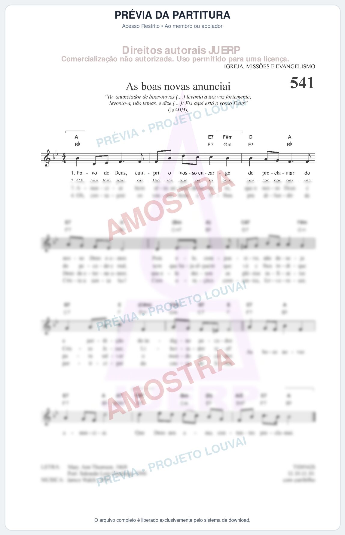 Prévia protegida da primeira página da partitura Partitura da música As boas novas anunciai (HCC 541) - Hinário para o Culto Cristão - Tom Bb
