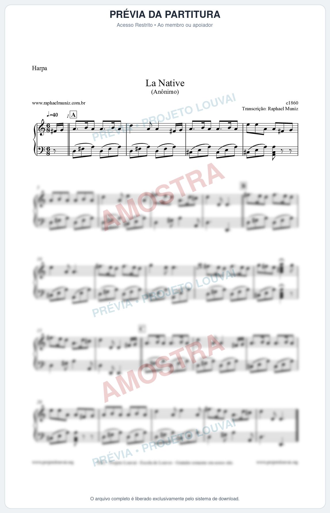 Prévia protegida da primeira página da partitura Partitura para Harpa - La Native - Anônimo
