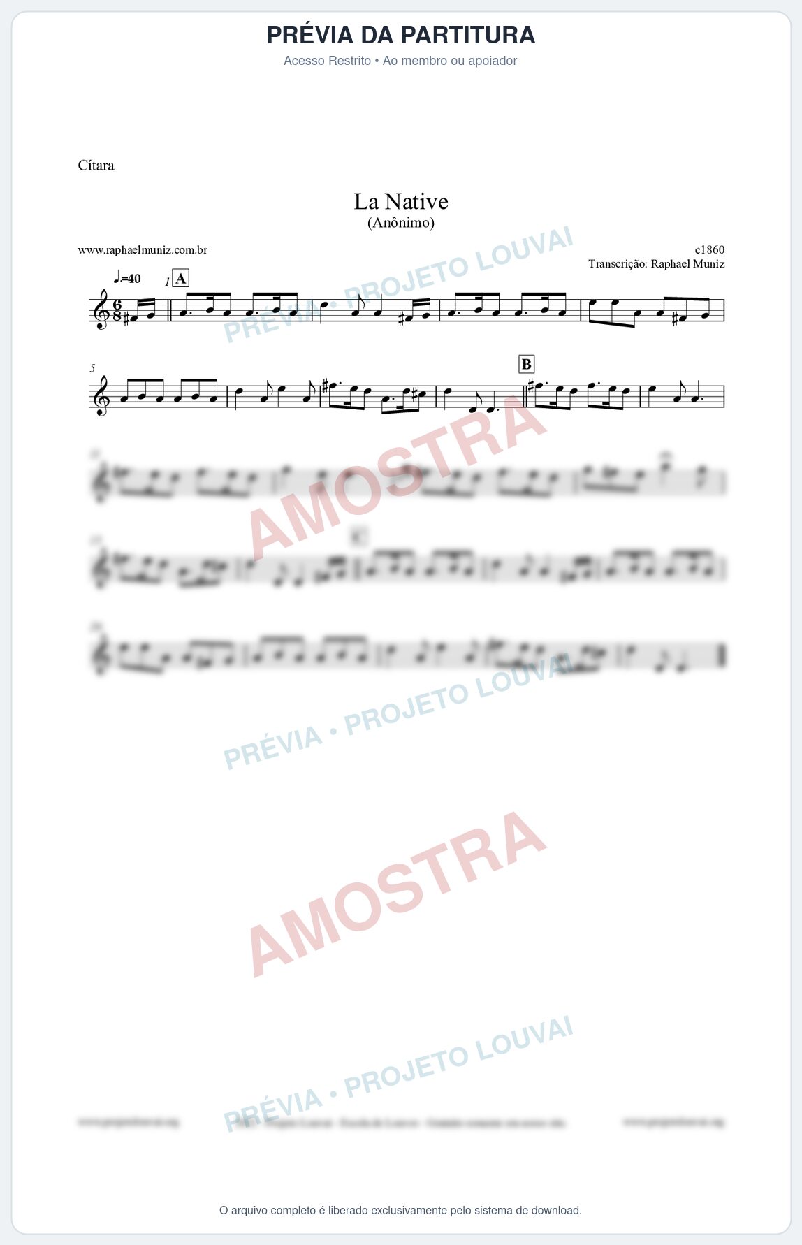 Prévia protegida da primeira página da partitura Partitura para Cítara - La Native - Anônimo