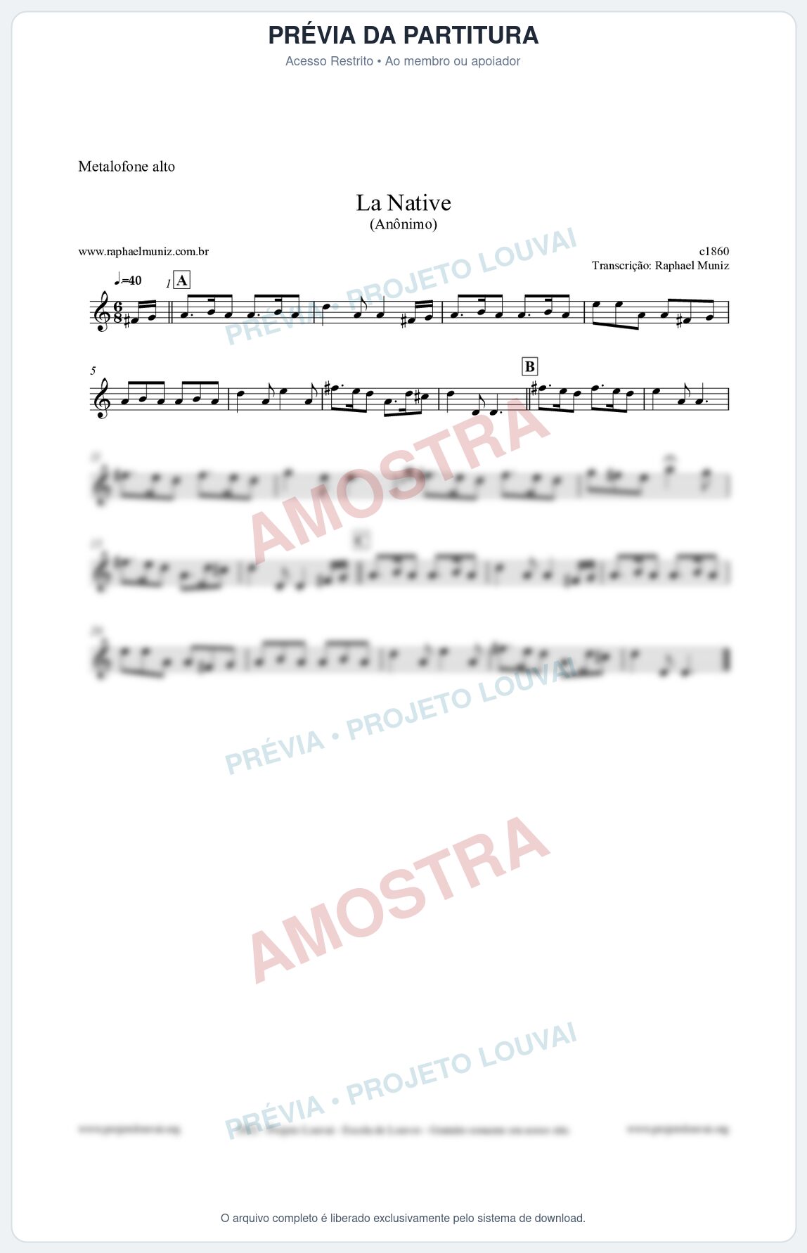 Prévia protegida da primeira página da partitura Partitura para Metalofone alto - La Native - Anônimo