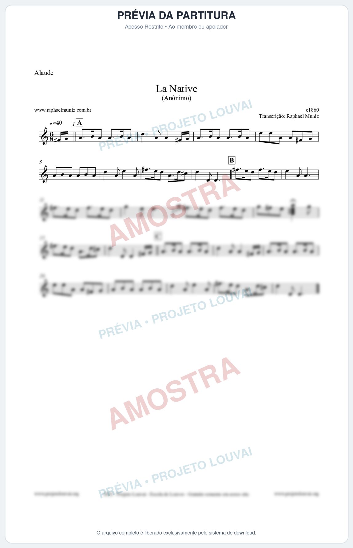 Prévia protegida da primeira página da partitura Partitura para Alaúde - La Native - Anônimo