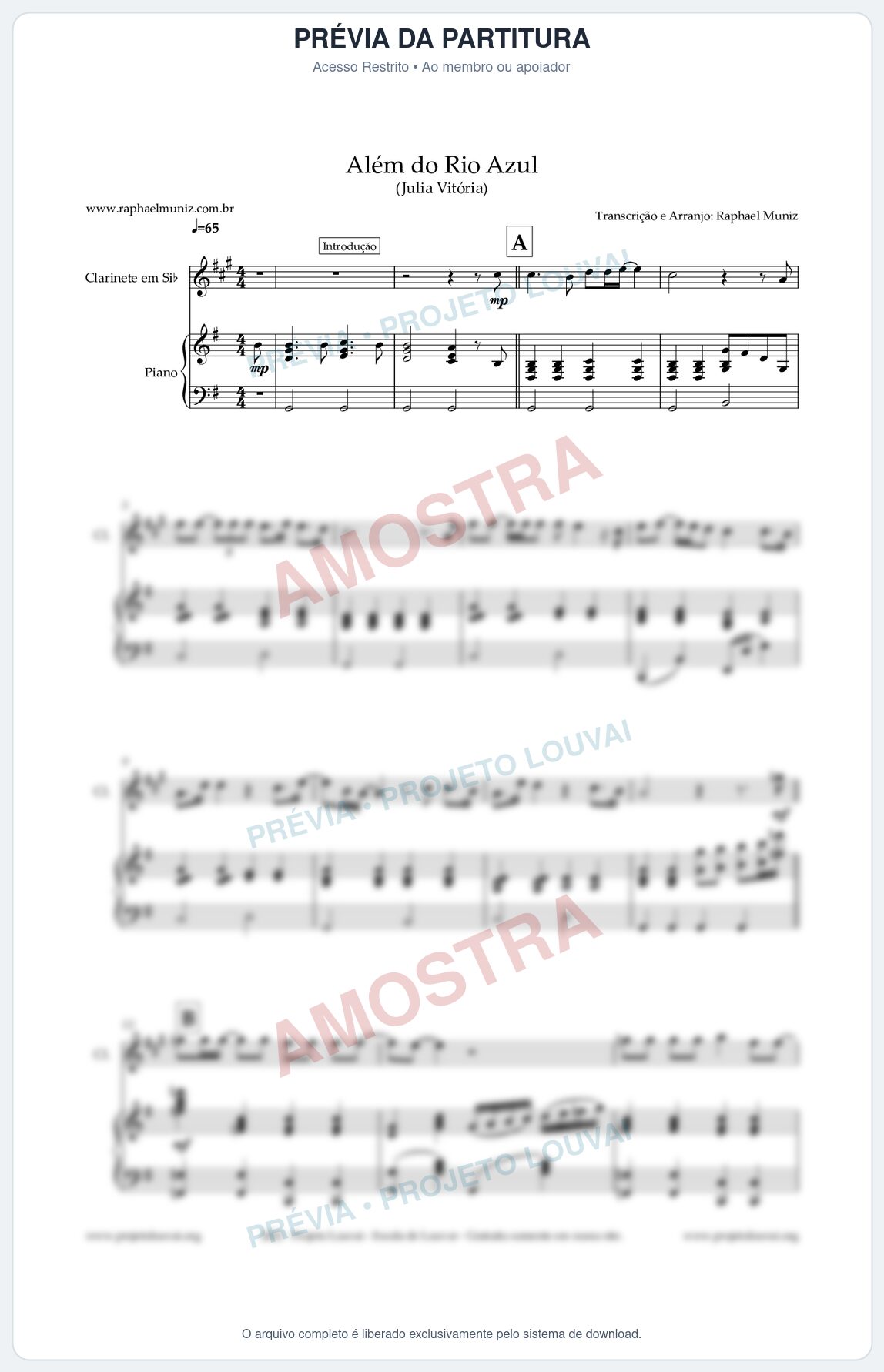 Prévia protegida da primeira página da partitura Partitura para Piano e Clarinete - Além do Rio Azul - Julia Vitoria