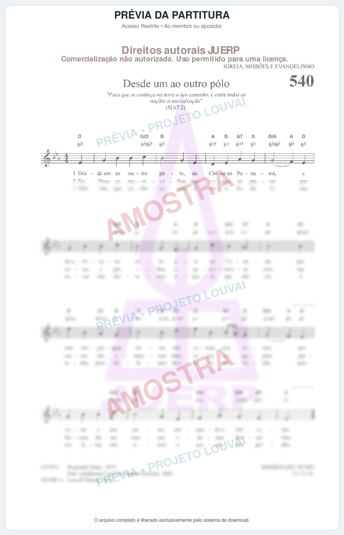Prévia protegida da primeira página da partitura Partitura da música Desde um a outro pólo (HCC 540) - Hinário para o Culto Cristão - Tom Eb