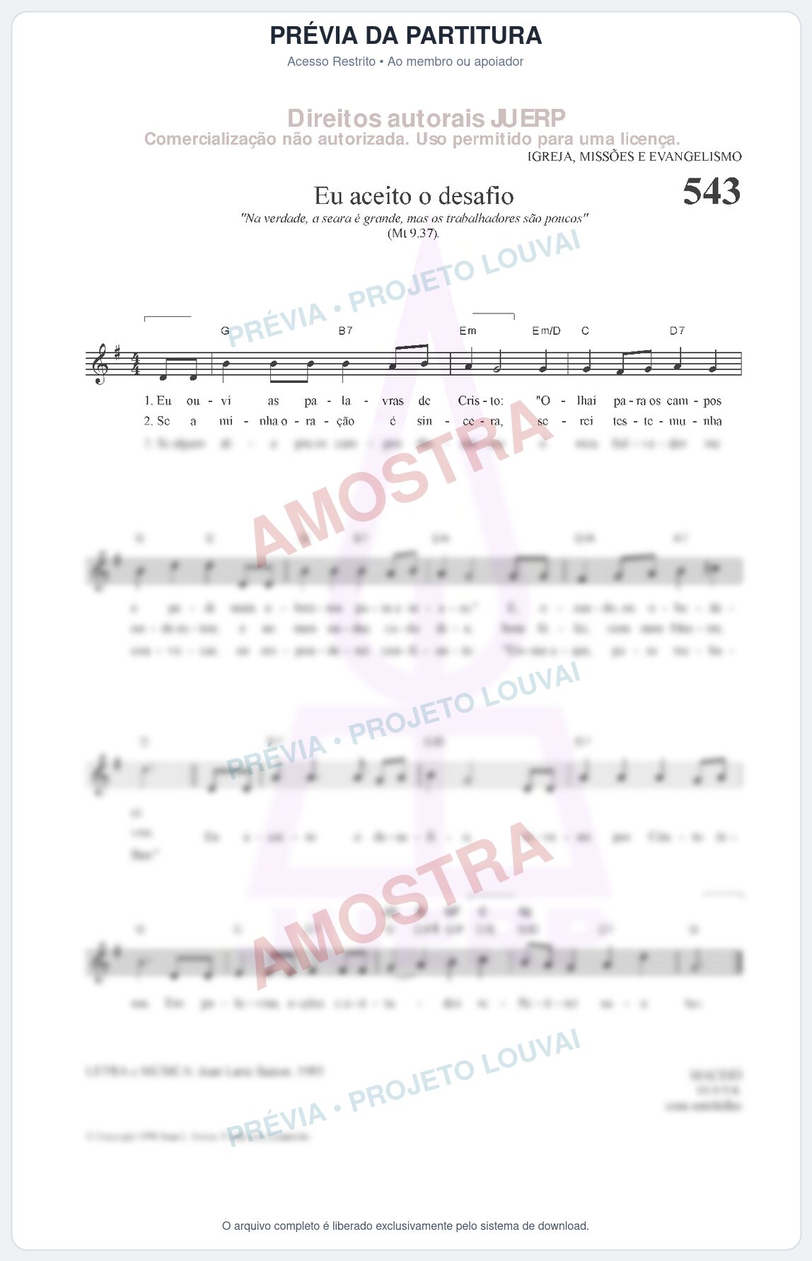 Prévia protegida da primeira página da partitura Partitura da música Eu aceito o desafio (HCC 543) - Hinário para o Culto Cristão - Tom G