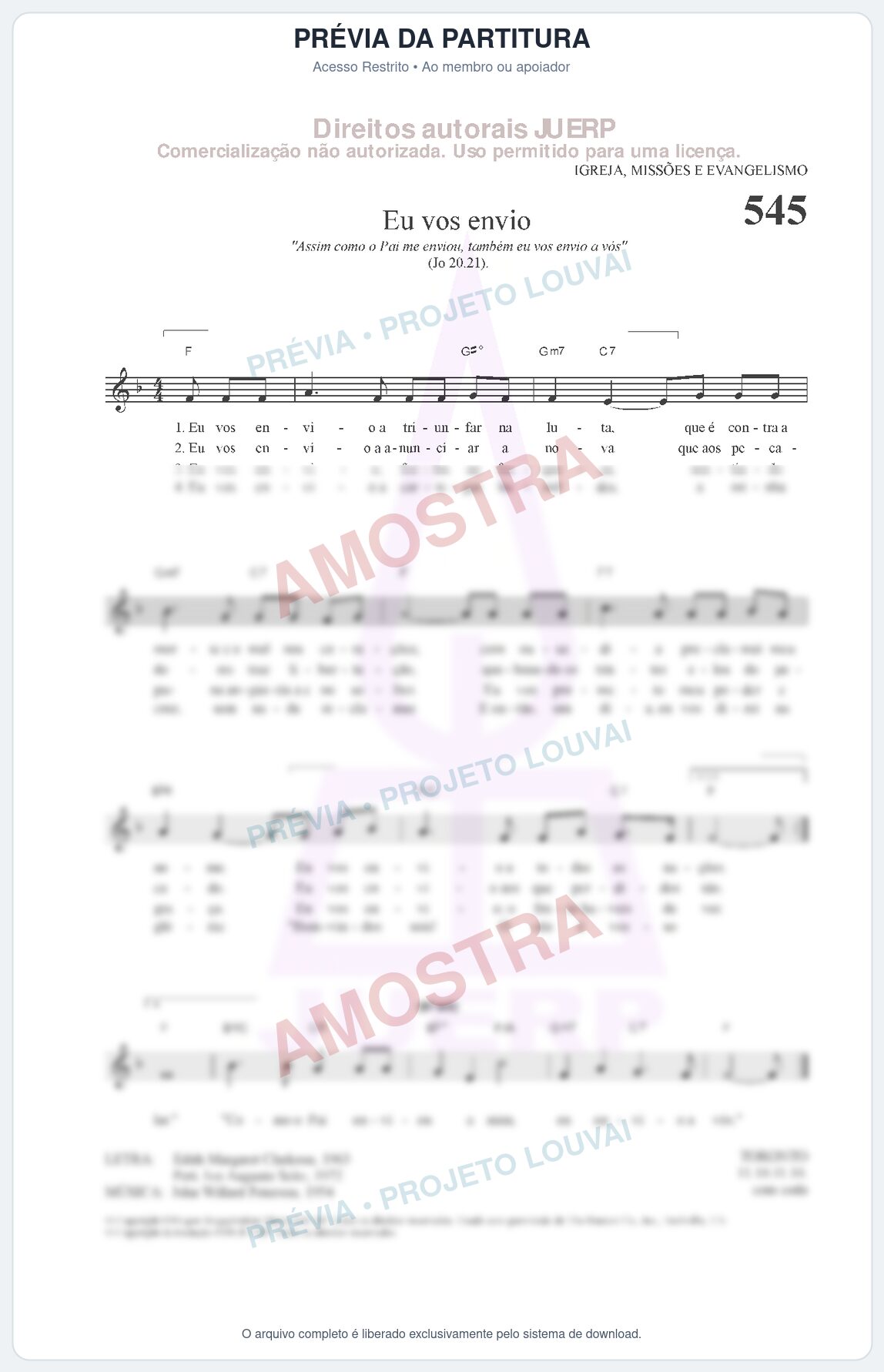 Prévia protegida da primeira página da partitura Partitura da música Eu vos envio (HCC 545) - Hinário para o Culto Cristão - Tom F
