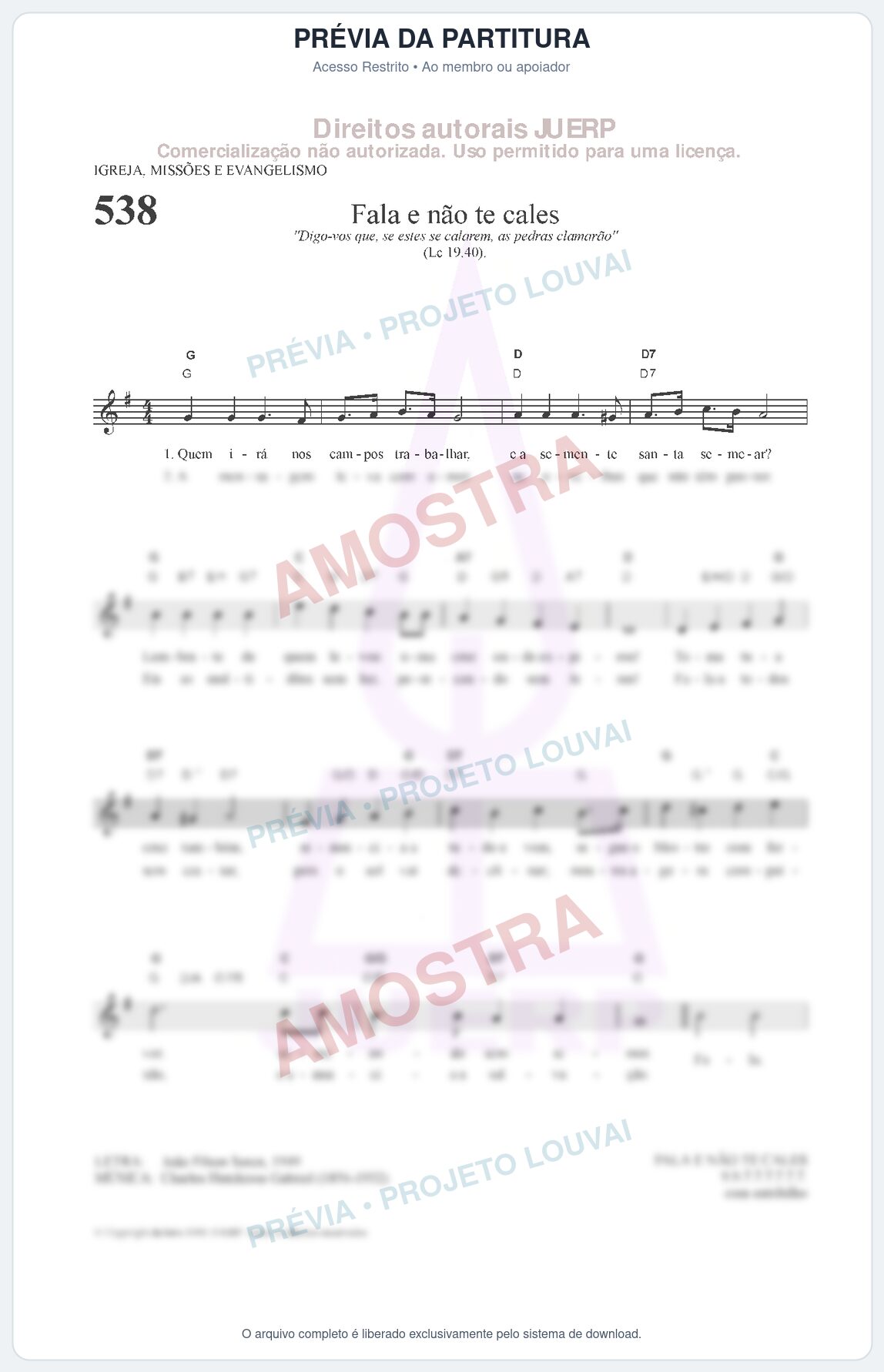 Prévia protegida da primeira página da partitura Partitura da música Fala e não te cales (HCC 538) - Hinário para o Culto Cristão - Tom G