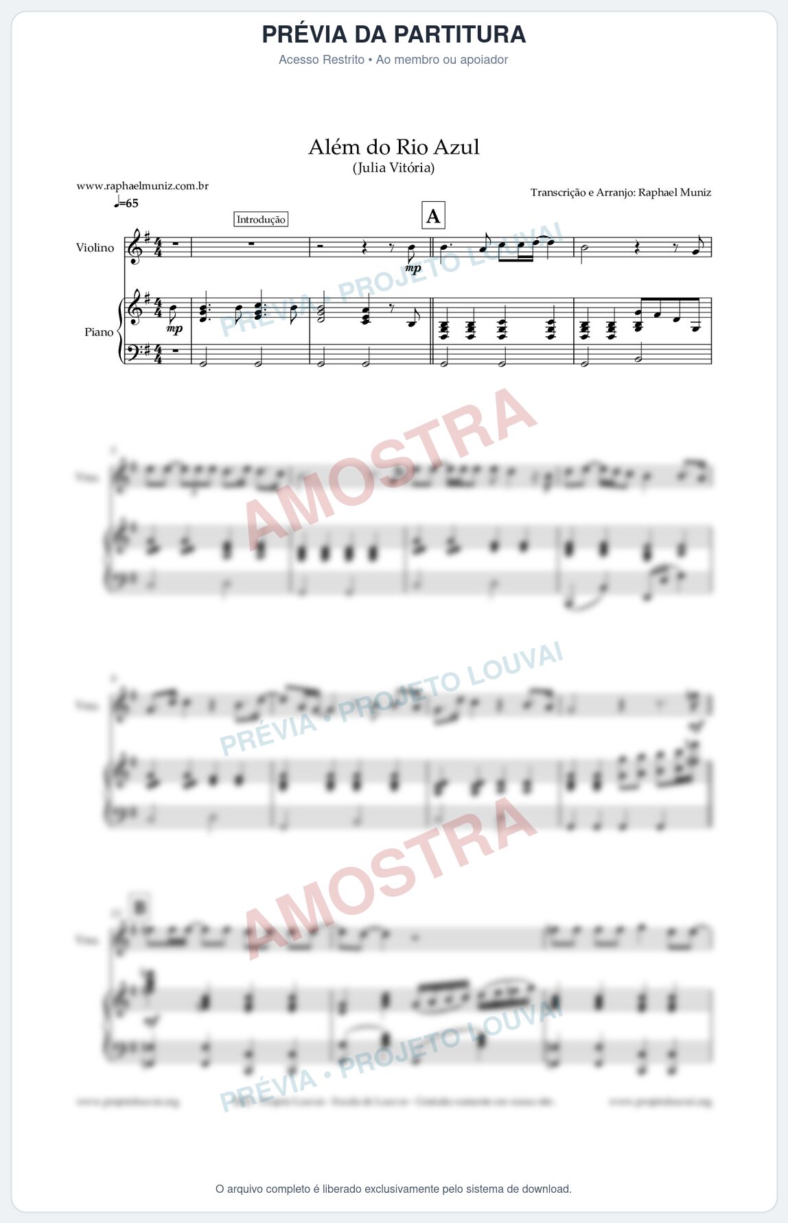 Prévia protegida da primeira página da partitura Partitura para Viola e Piano - Além do Rio Azul - Julia Vitoria