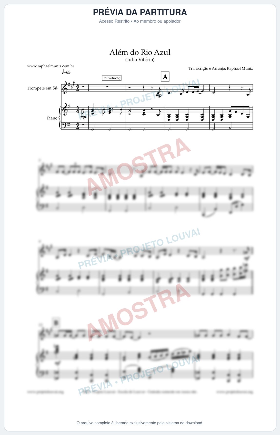 Prévia protegida da primeira página da partitura Partitura para Piano e Trompete - Além do Rio Azul - Julia Vitoria