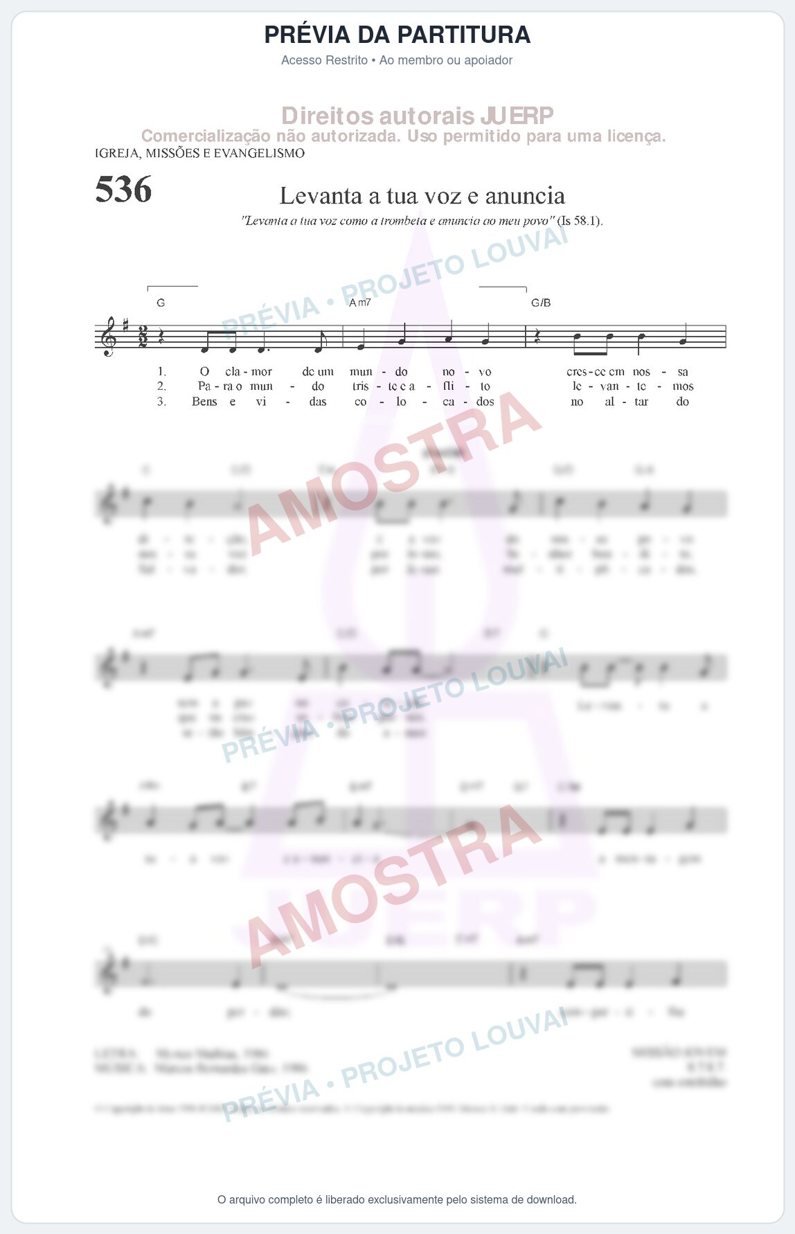 Prévia protegida da primeira página da partitura Partitura da música Levanta tua voz e anuncia (HCC 536) - Hinário para o Culto Cristão - Tom G