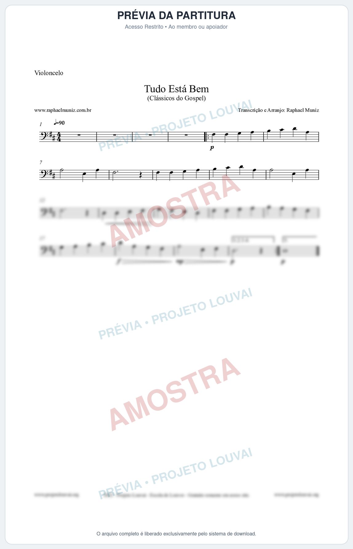 Prévia protegida da primeira página da partitura Partitura para Violoncelo - Tudo Está Bem - Harpa Cristã nº52 - Clássicos do Gospel