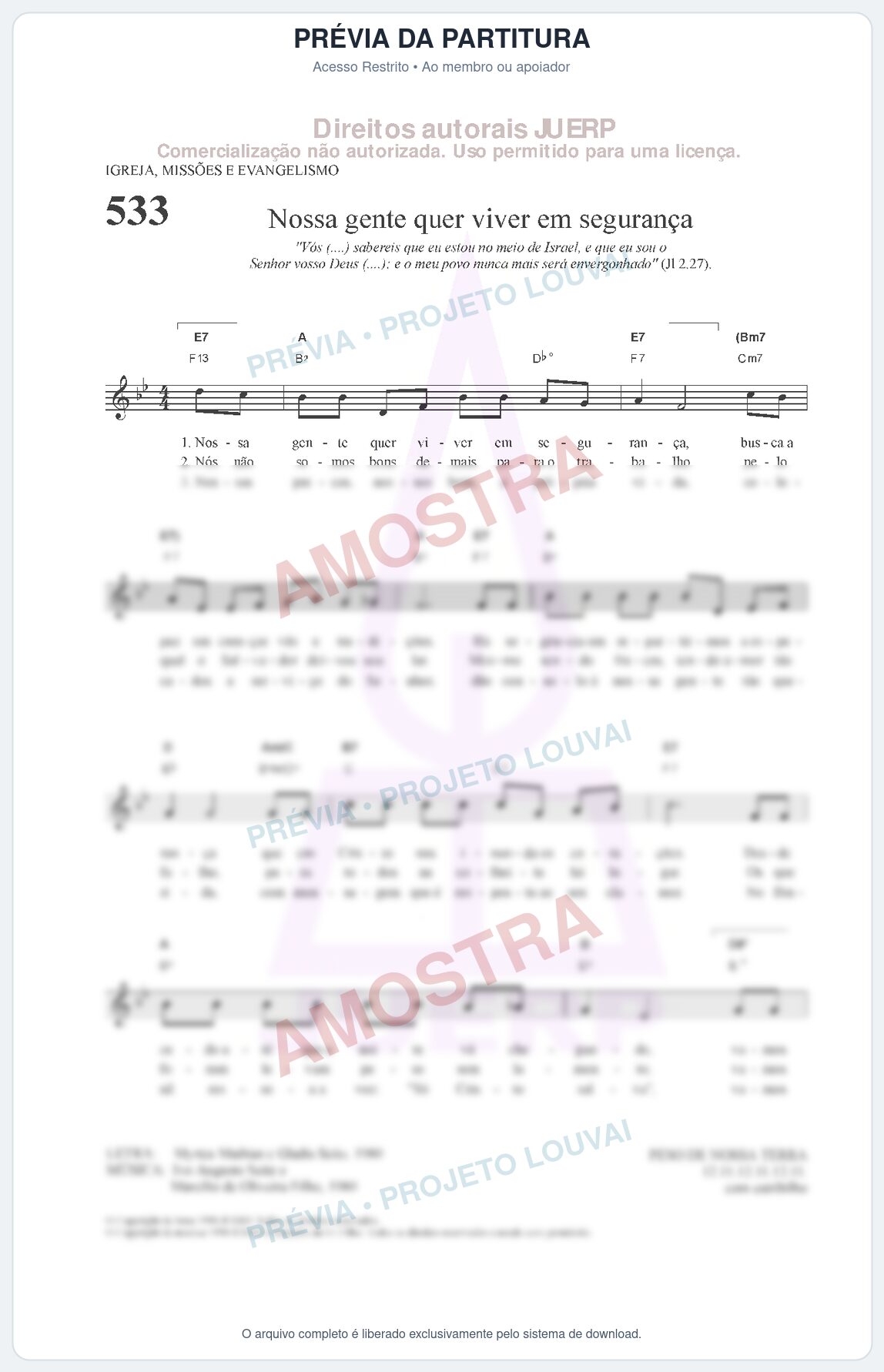 Prévia protegida da primeira página da partitura Partitura da música Nossa gente quer viver em segurança (HCC 533) - Hinário para o Culto Cristão - Tom Bb