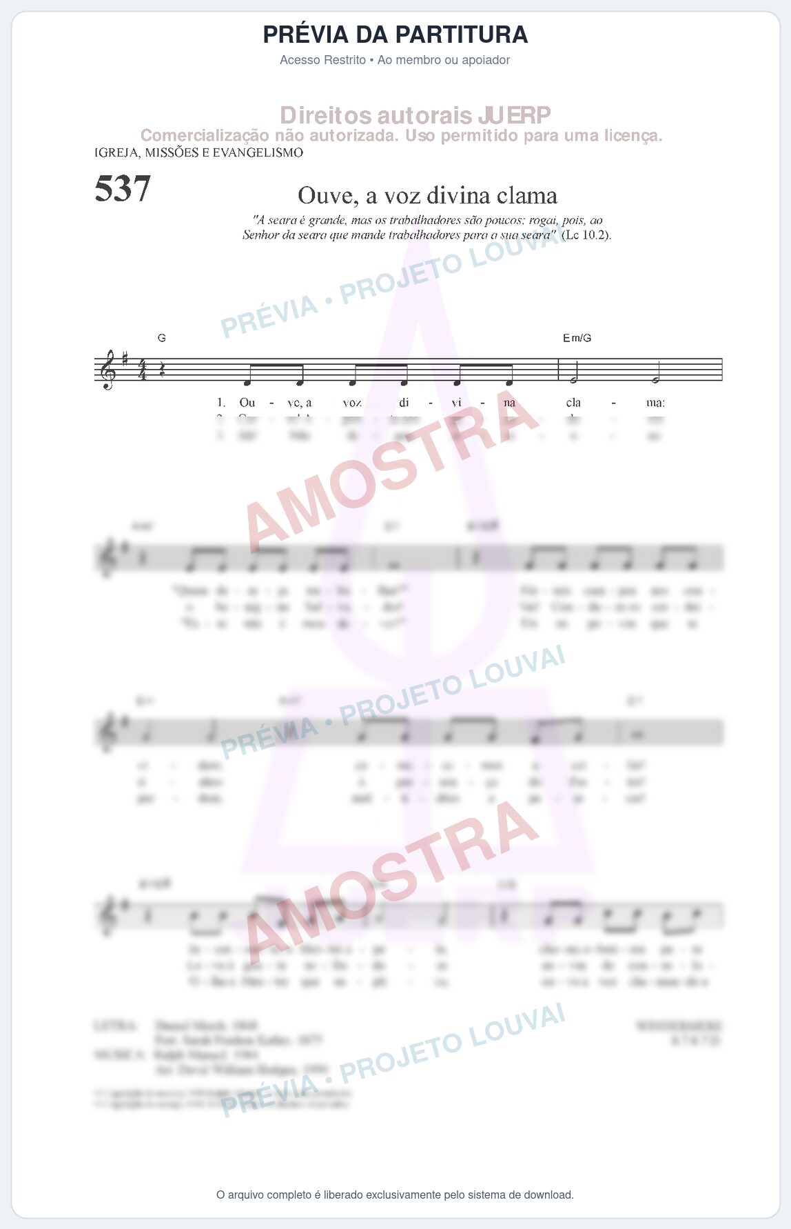Prévia protegida da primeira página da partitura Partitura da música Ouve, a voz divina clama (HCC 537) - Hinário para o Culto Cristão - Tom G
