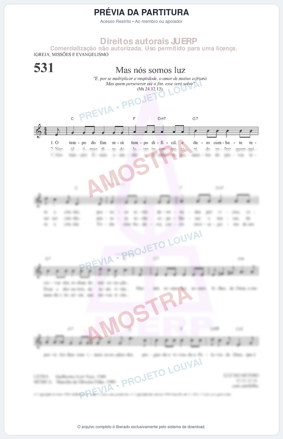 Prévia protegida da primeira página da partitura Partitura da música Mas nós somos luz (HCC 531) - Hinário para o Culto Cristão - Tom C
