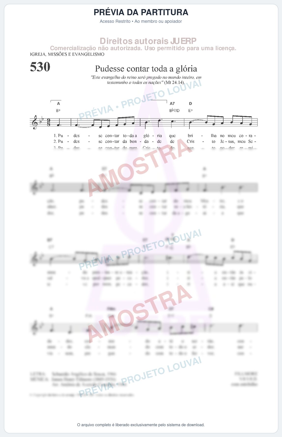 Prévia protegida da primeira página da partitura Partitura da música Pudesse contar toda a glória (HCC 530) - Hinário para o Culto Cristão - Tom Bb