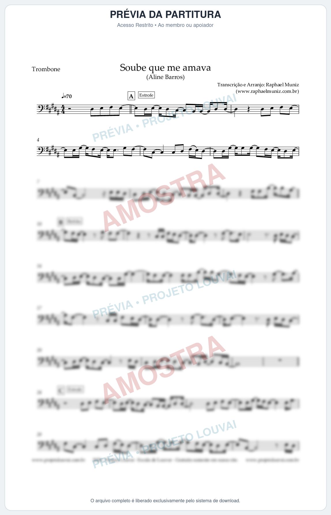 Prévia protegida da primeira página da partitura Partitura para Trombone - Soube que me amava - Aline Barros