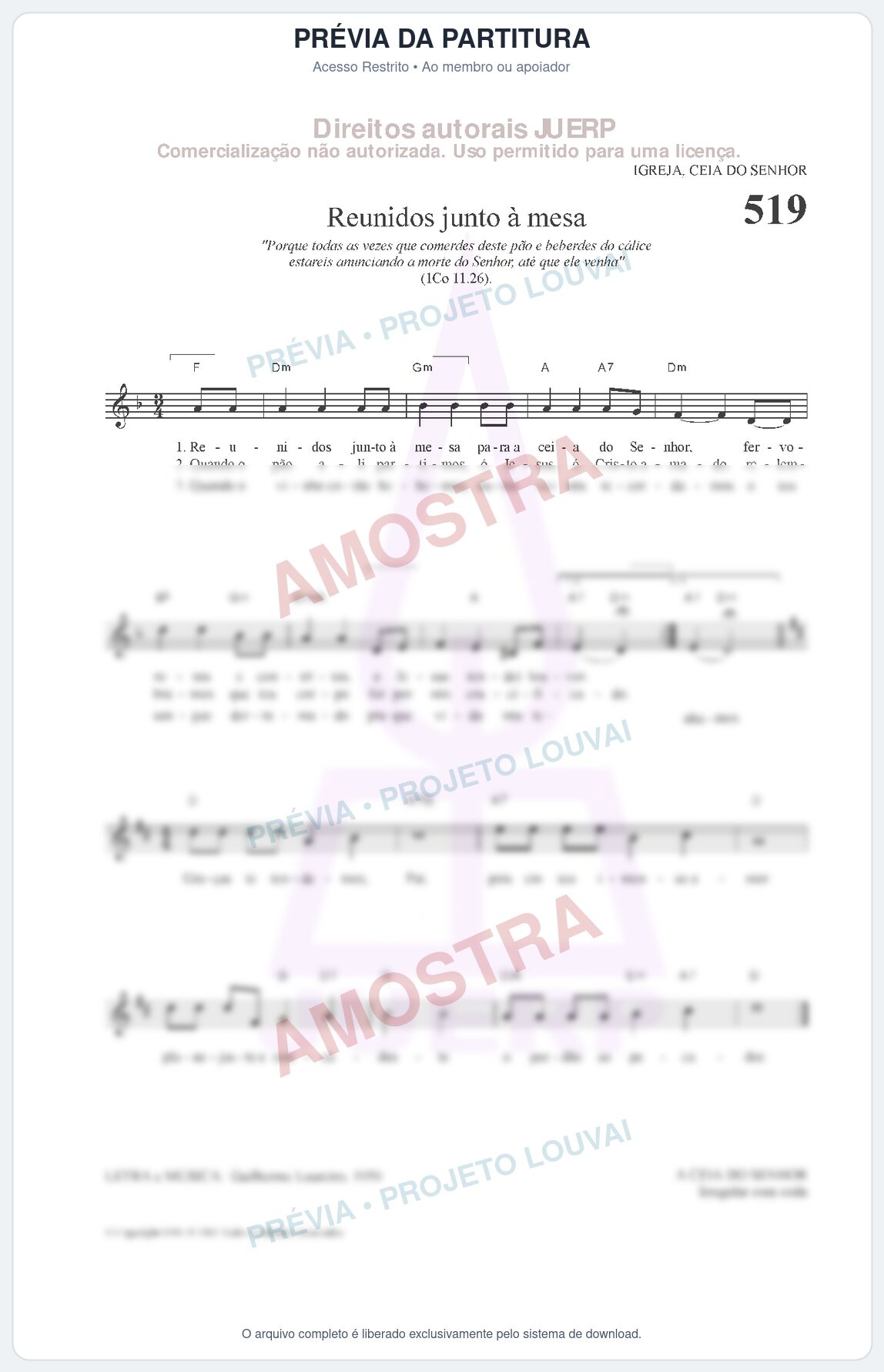 Prévia protegida da primeira página da partitura Partitura da música Reunidos junto à mesa (HCC 519) - Hinário para o Culto Cristão - Tom Dm