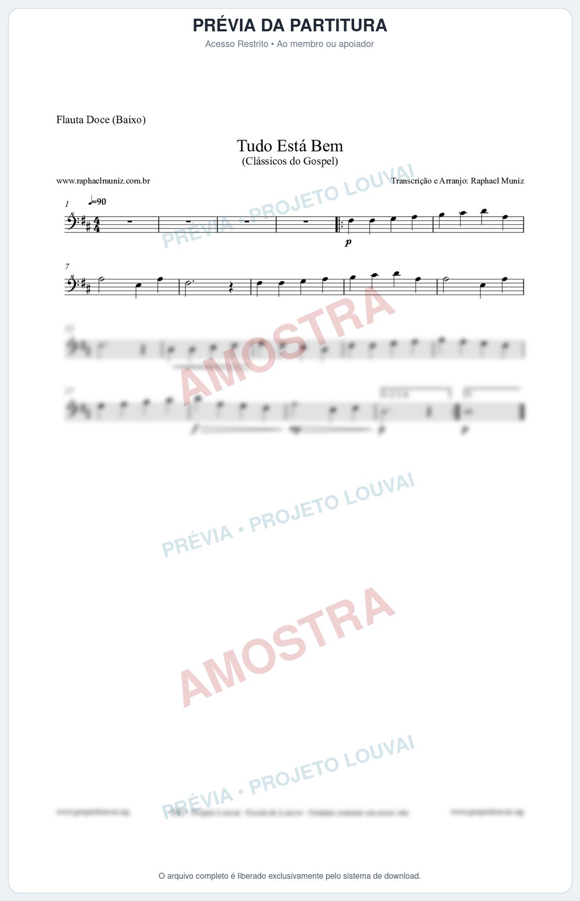 Prévia protegida da primeira página da partitura Partitura para Flauta Doce (Baixo) - Tudo Está Bem - Harpa Cristã nº52 - Clássicos do Gospel