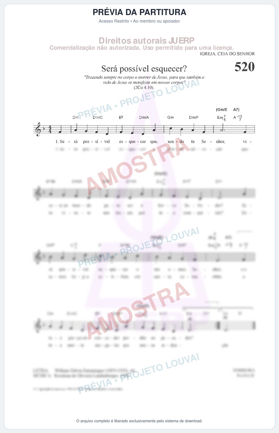 Prévia protegida da primeira página da partitura Partitura da música Será possível esquecer (HCC 520) - Hinário para o Culto Cristão - Tom Dm