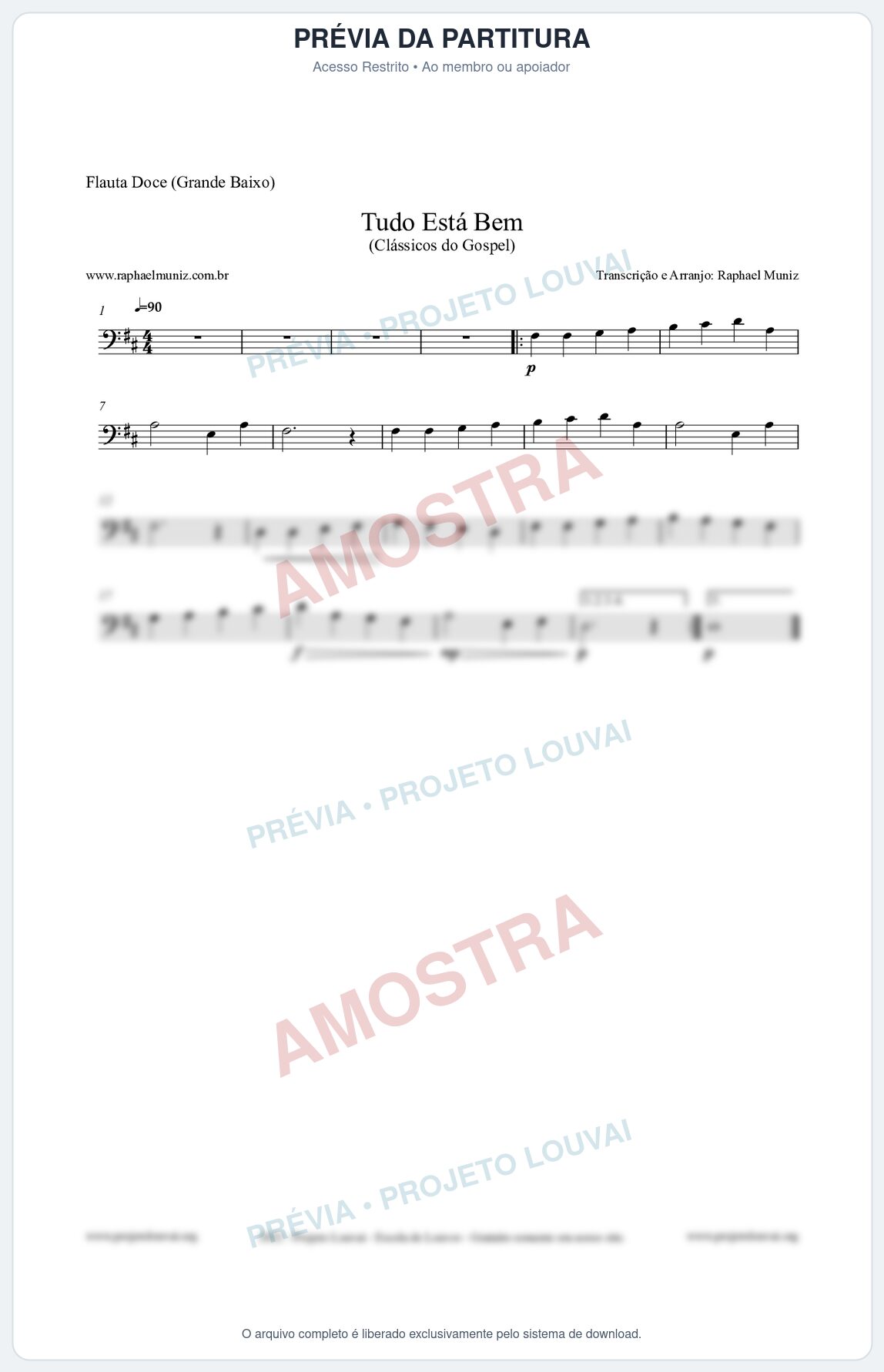 Prévia protegida da primeira página da partitura Partitura para Flauta Doce (Grande Baixo) - Tudo Está Bem - Harpa Cristã nº52 - Clássicos do Gospel