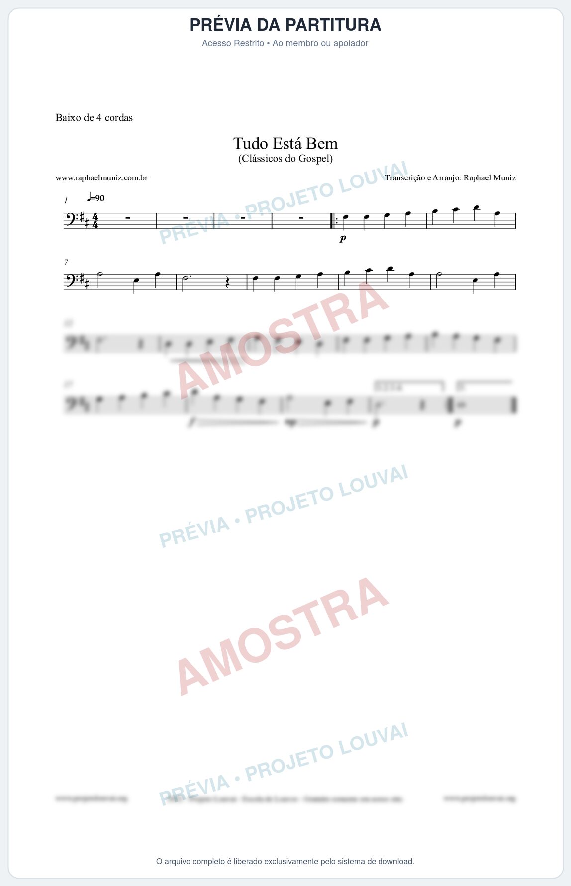 Prévia protegida da primeira página da partitura Partitura para Baixo de 4 cordas - Tudo Está Bem - Harpa Cristã nº52 - Clássicos do Gospel