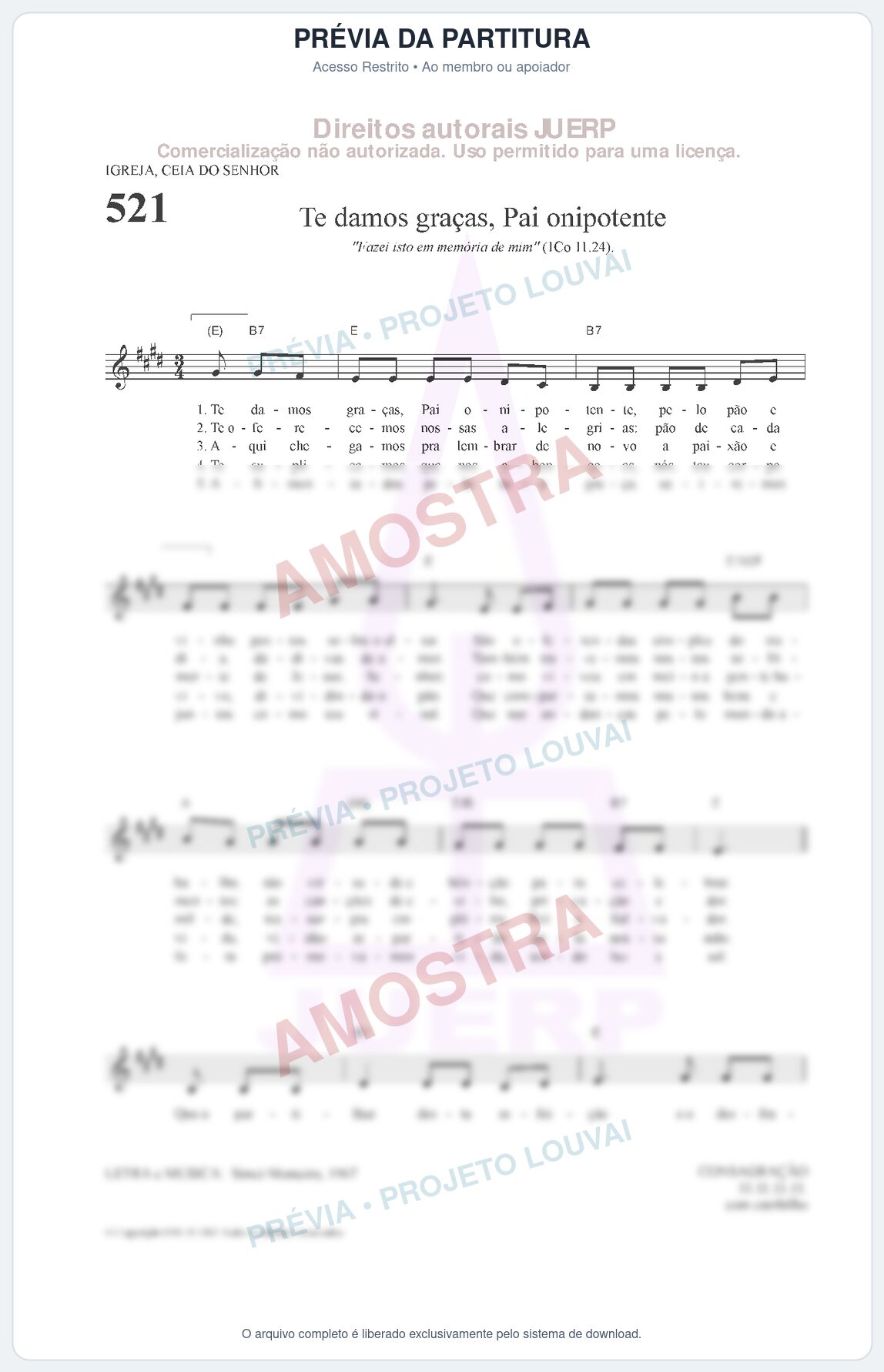 Prévia protegida da primeira página da partitura Partitura da música Te damos graças, Pai onipotente (HCC 521) - Hinário para o Culto Cristão - Tom E